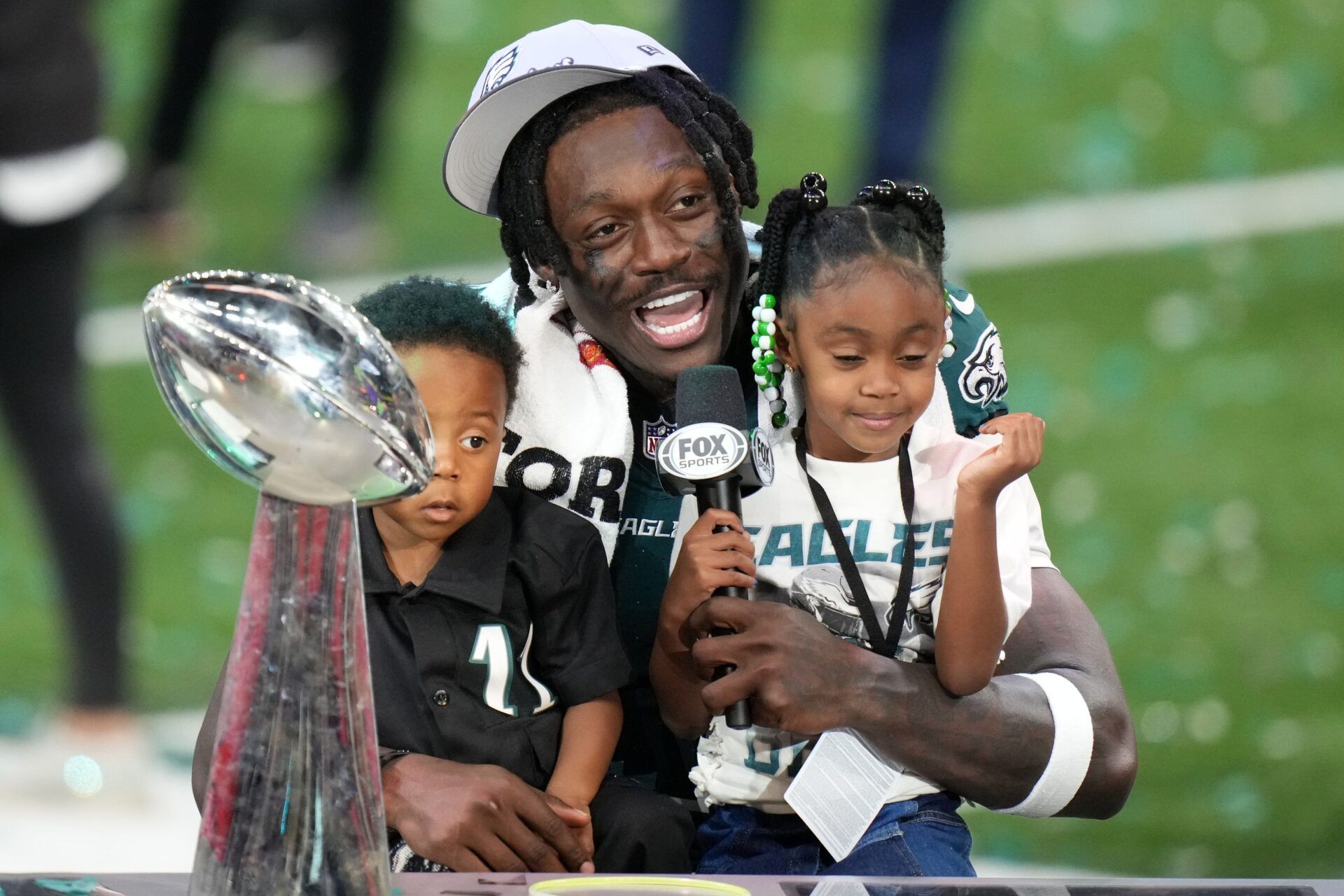 Philadelphia Eagles wide receiver A.J. Brown (11) talks to the media after defeating the Kansas City Chiefs in Super Bowl LIX at Caesars Superdome.