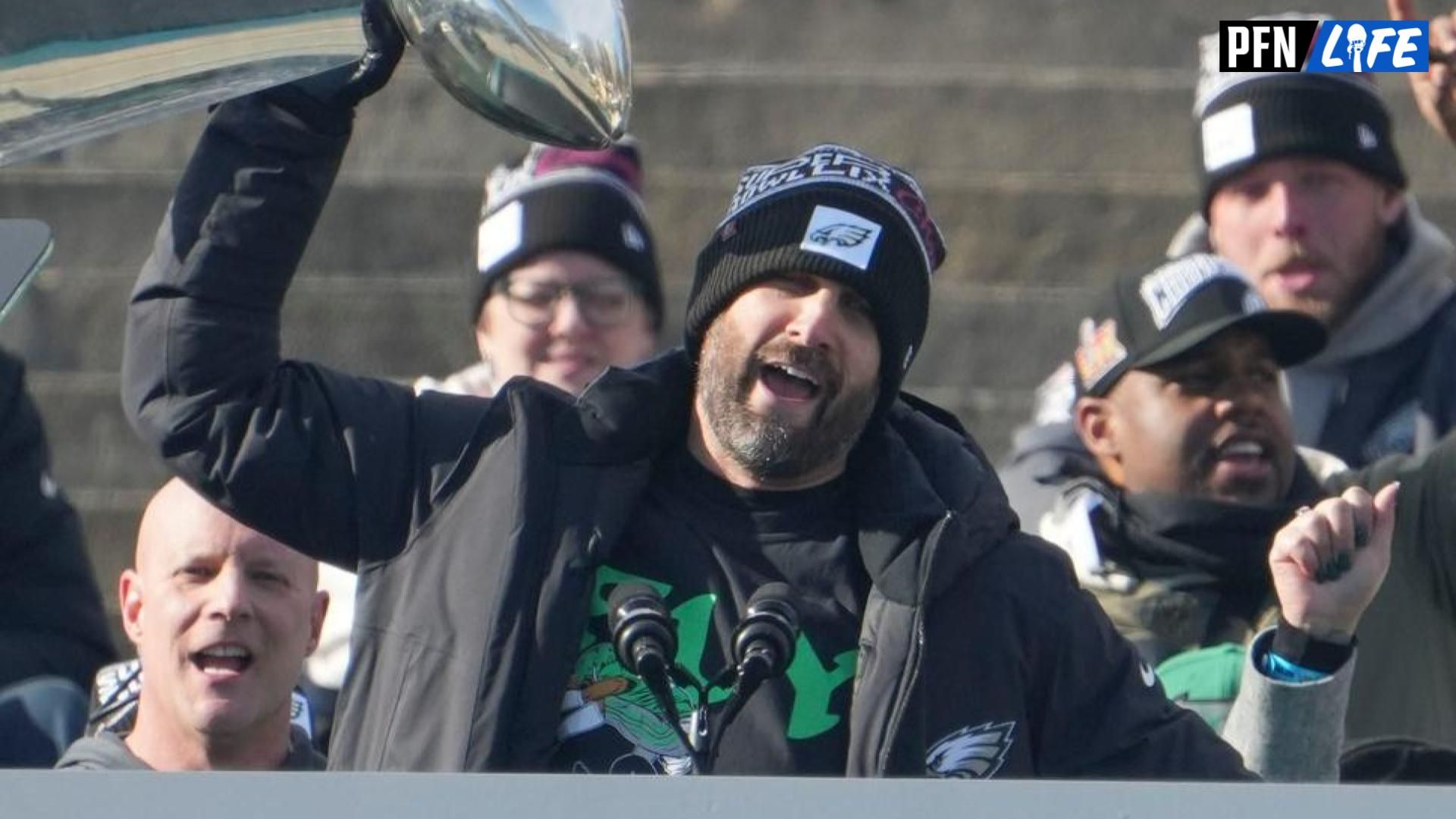 Eagles head coach Nick Sirianni wields the Vince Lombardi trophy during the Philadelphia Eagles Super Bowl celebration in front of the Philadelphia Museum of Art, Friday, Feb. 14, 2025.