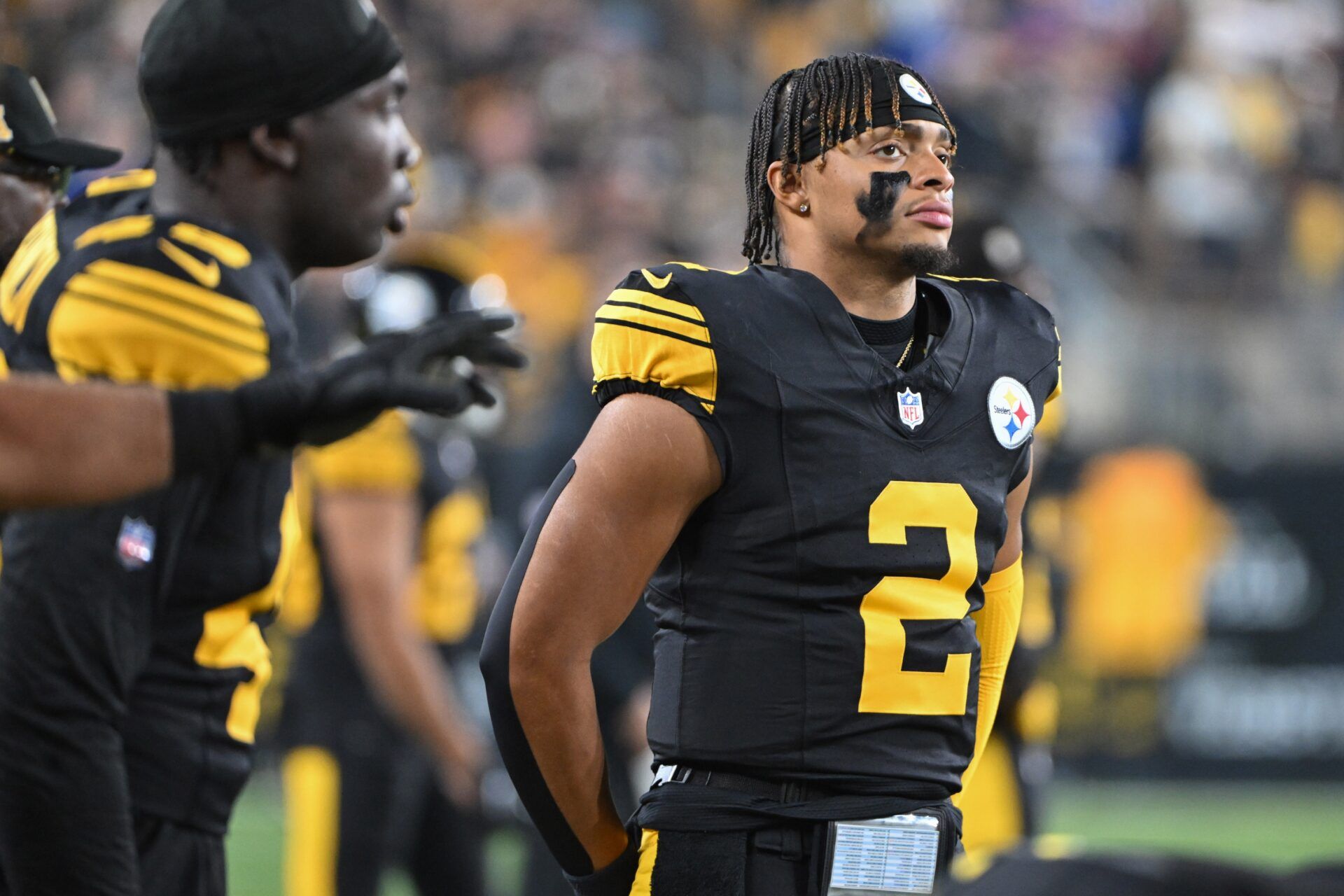 Pittsburgh Steelers quarterback Justin Fields (2) watches the action during the first quarter of a game against the New York Giants at Acrisure Stadium.