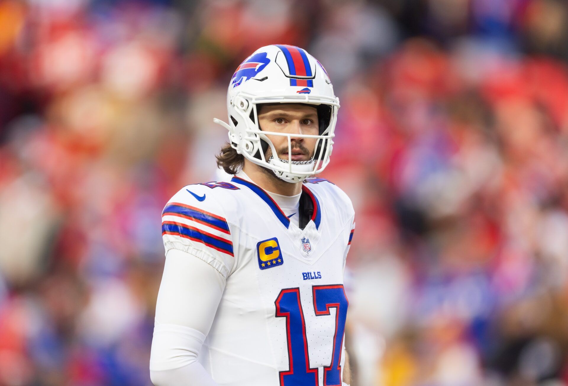 Buffalo Bills quarterback Josh Allen (17) against the Kansas City Chiefs during the AFC Championship game at GEHA Field at Arrowhead Stadium.