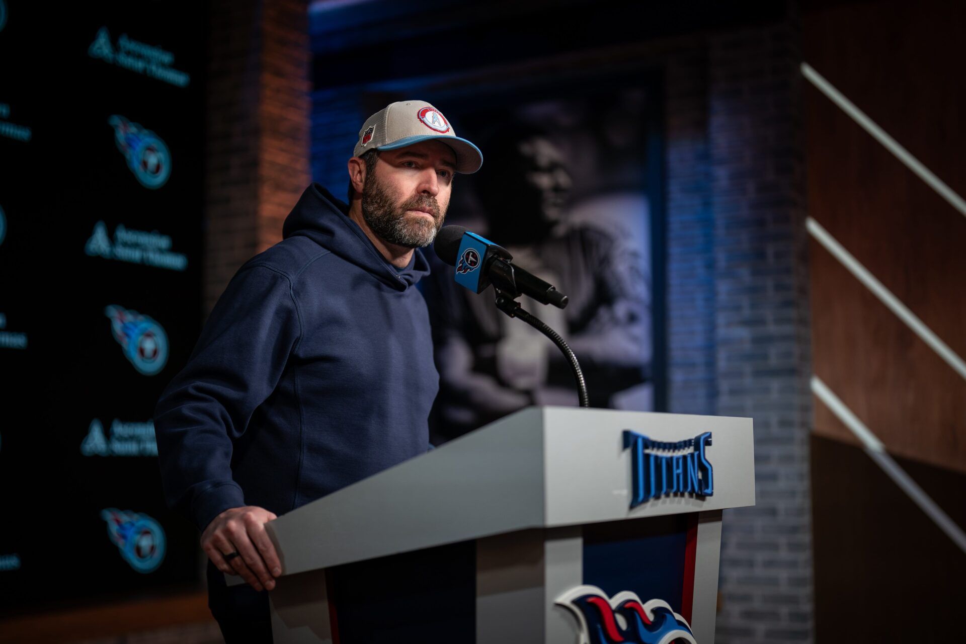 Tennessee Titans head coach Brian Callahan speaks during a press conference at Ascension Saint Thomas Sports Park