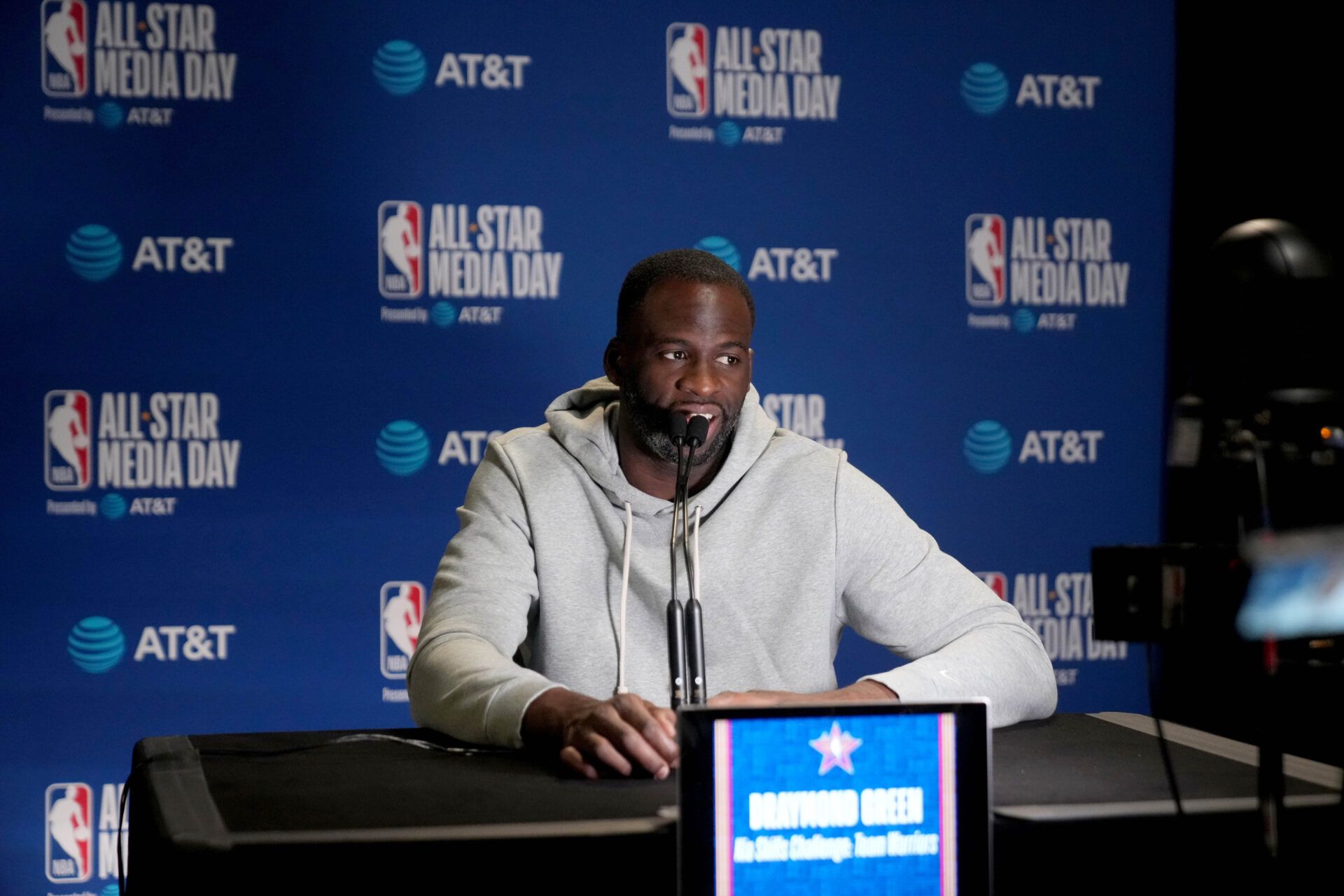 Feb 15, 2025; Oakland, CA, USA; Golden State Warriors forward Draymond Green (23) talks to the media during the NBA All Star-Practice at Oracle Arena. Mandatory Credit: Cary Edmondson-Imagn Images