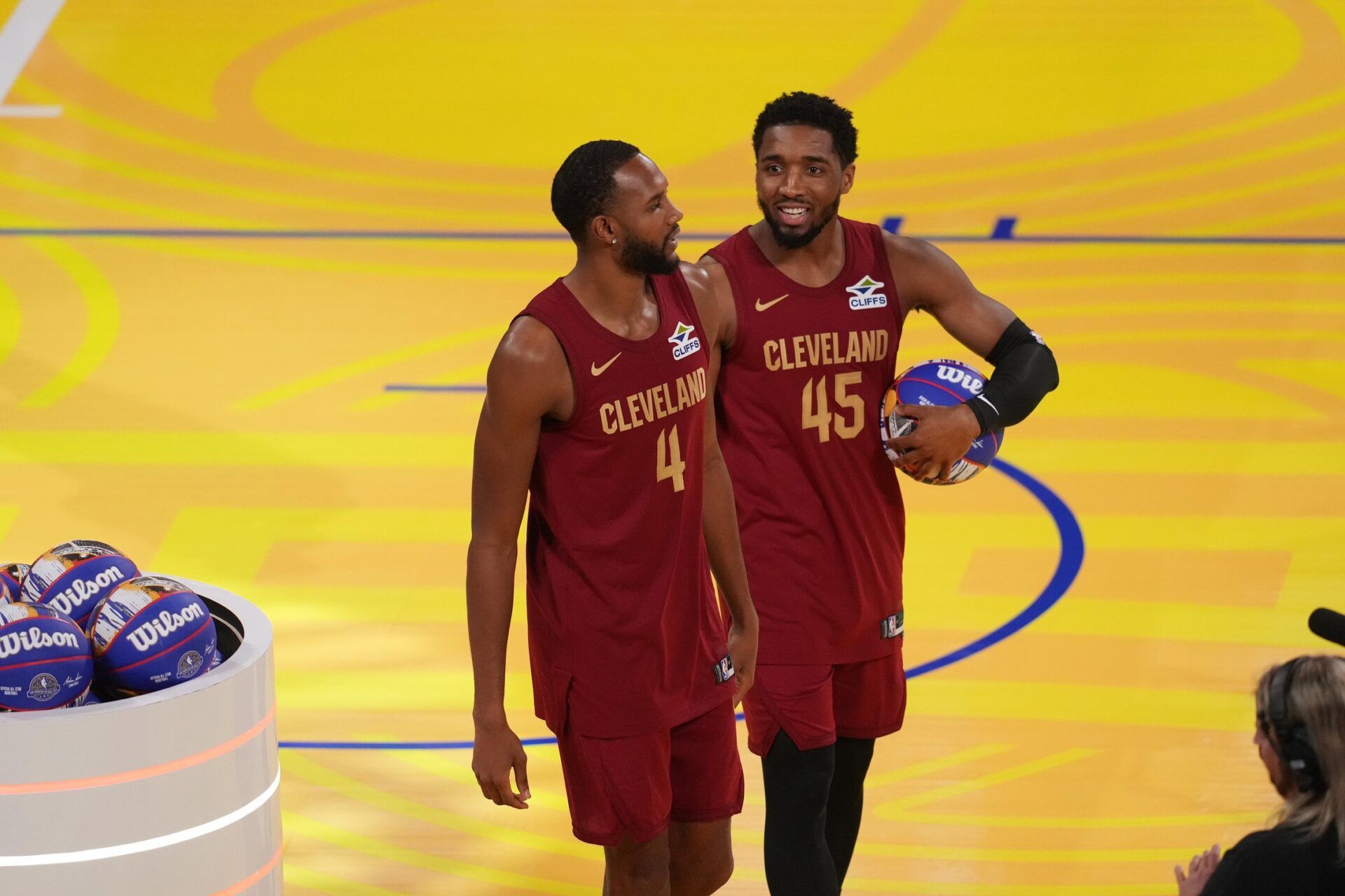 Team Cavs guard Donovan Mitchell (45) and center Evan Mobley (4) of the Cleveland Cavaliers celebrate after winning the skills challenge during All Star Saturday Night ahead of the 2025 NBA All Star Game at Chase Center.