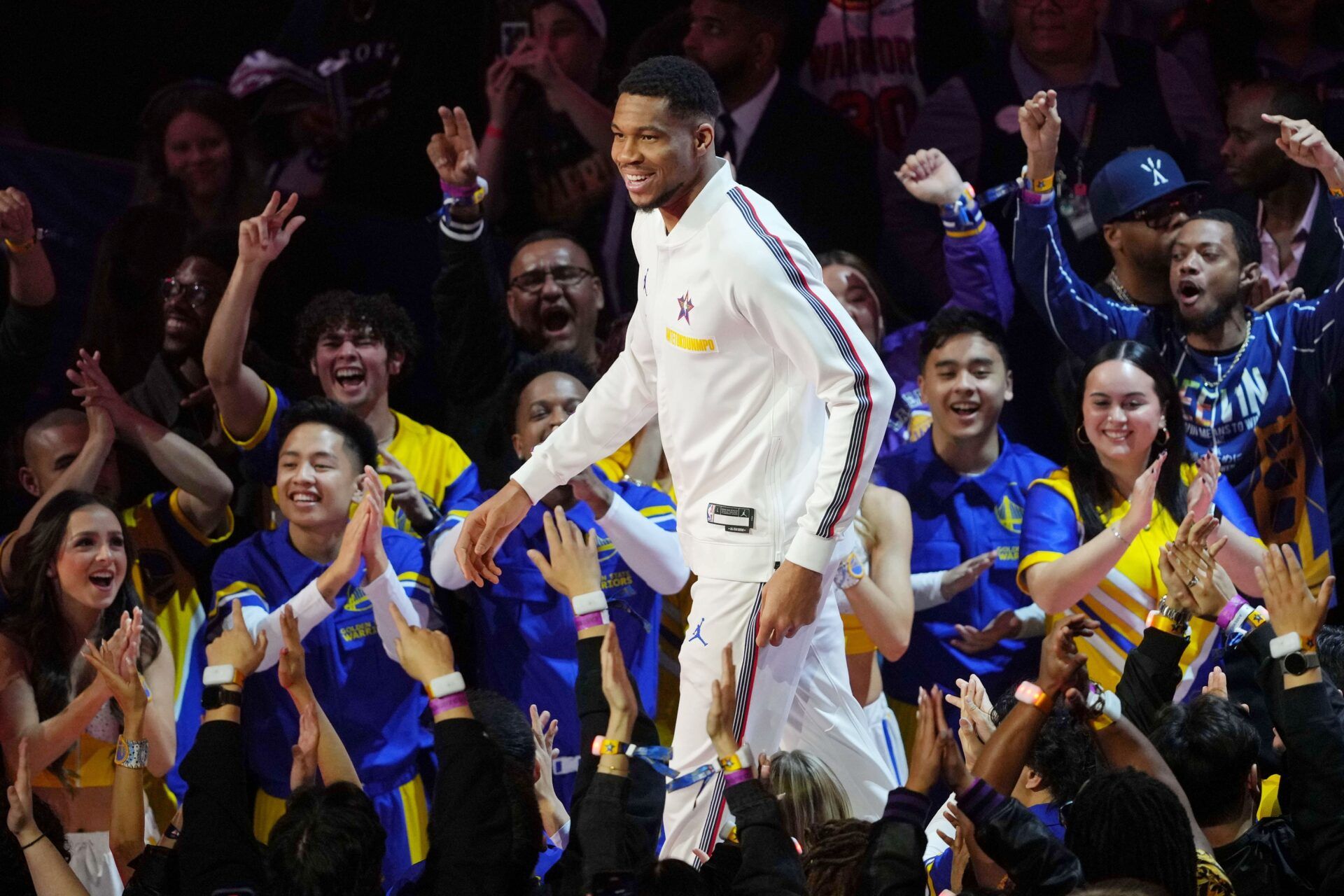 Chucks Global Stars forward Giannis Antetokounmpo (34) of the Milwaukee Bucks during player introductions before the 2025 NBA All Star Game at Chase Center.