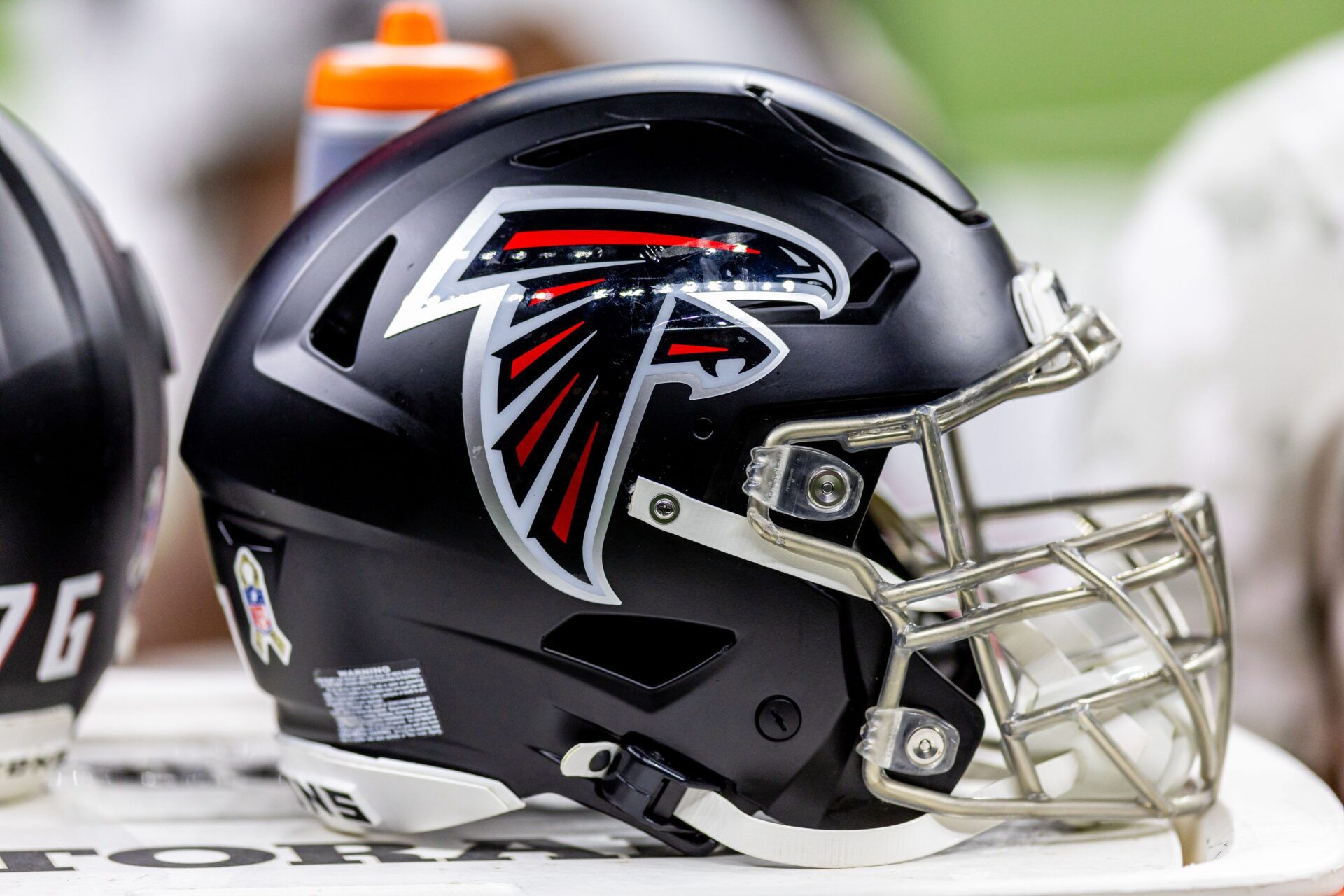 Detailed view of the Atlanta Falcons helmet against the New Orleans Saints during the second half at Caesars Superdome.