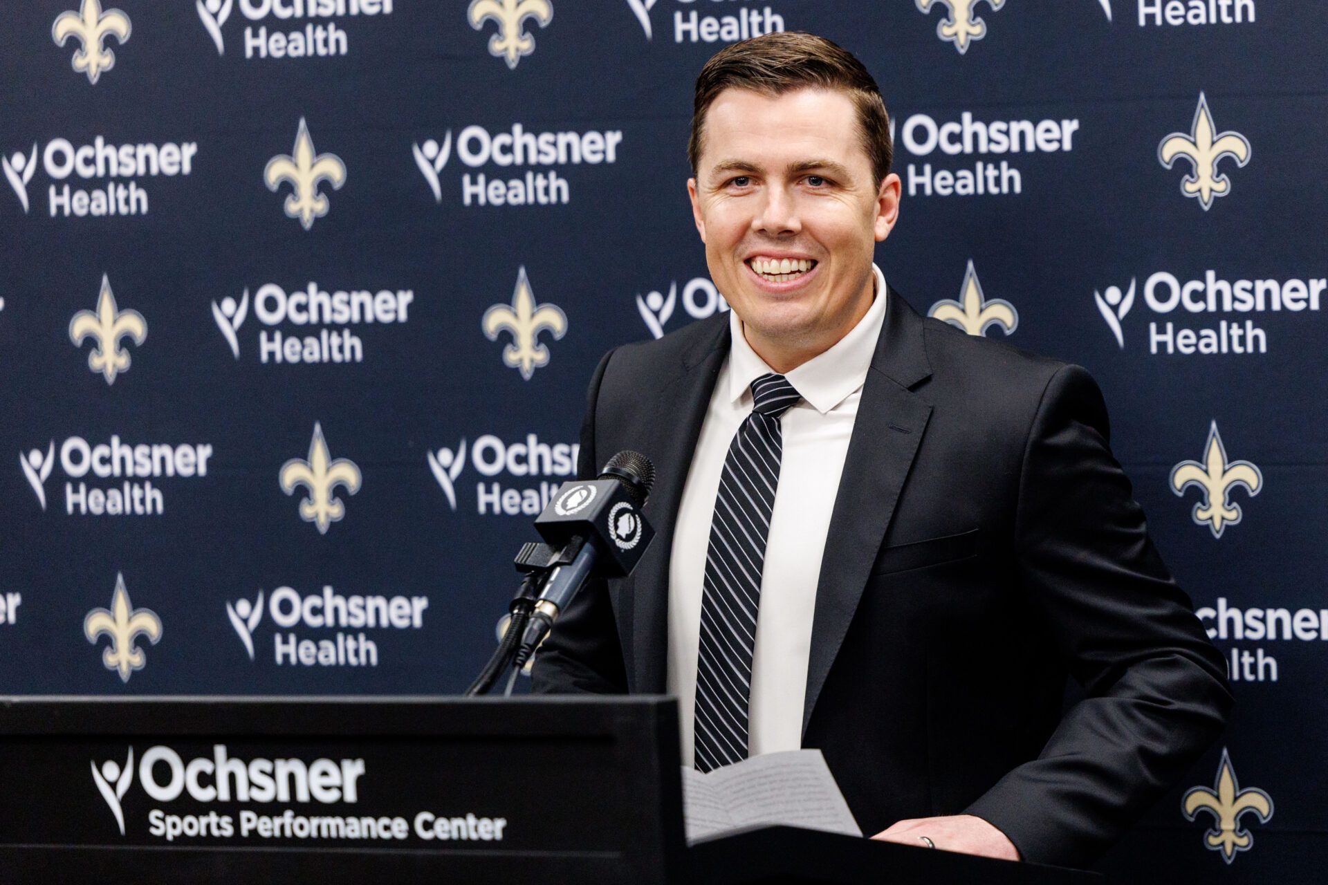 Feb 13, 2025; New Orleans, LA, USA; New Orleans Saints introduce Kellen Moore as the head coach and he addresses the media at Ochsner Sports Performance Center. Mandatory Credit: Stephen Lew-Imagn Images