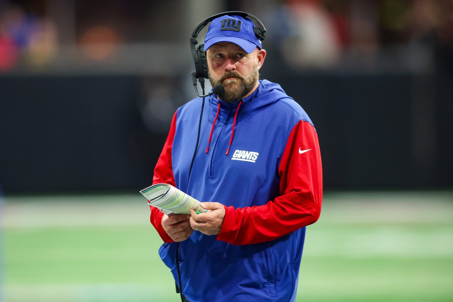 New York Giants head coach Brian Daboll on the sideline against the Atlanta Falcons in the third quarter at Mercedes-Benz Stadium.