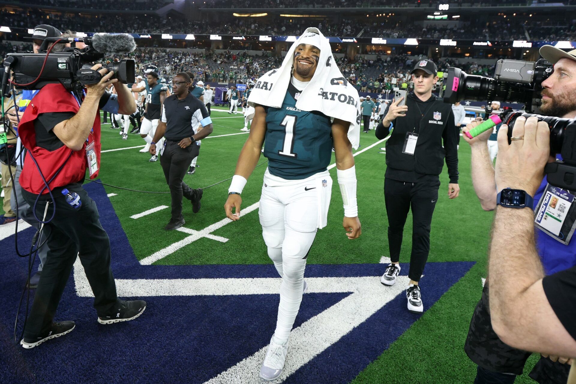 Philadelphia Eagles quarterback Jalen Hurts (1) walks on the field after the game against the Dallas Cowboys at AT&T Stadium.