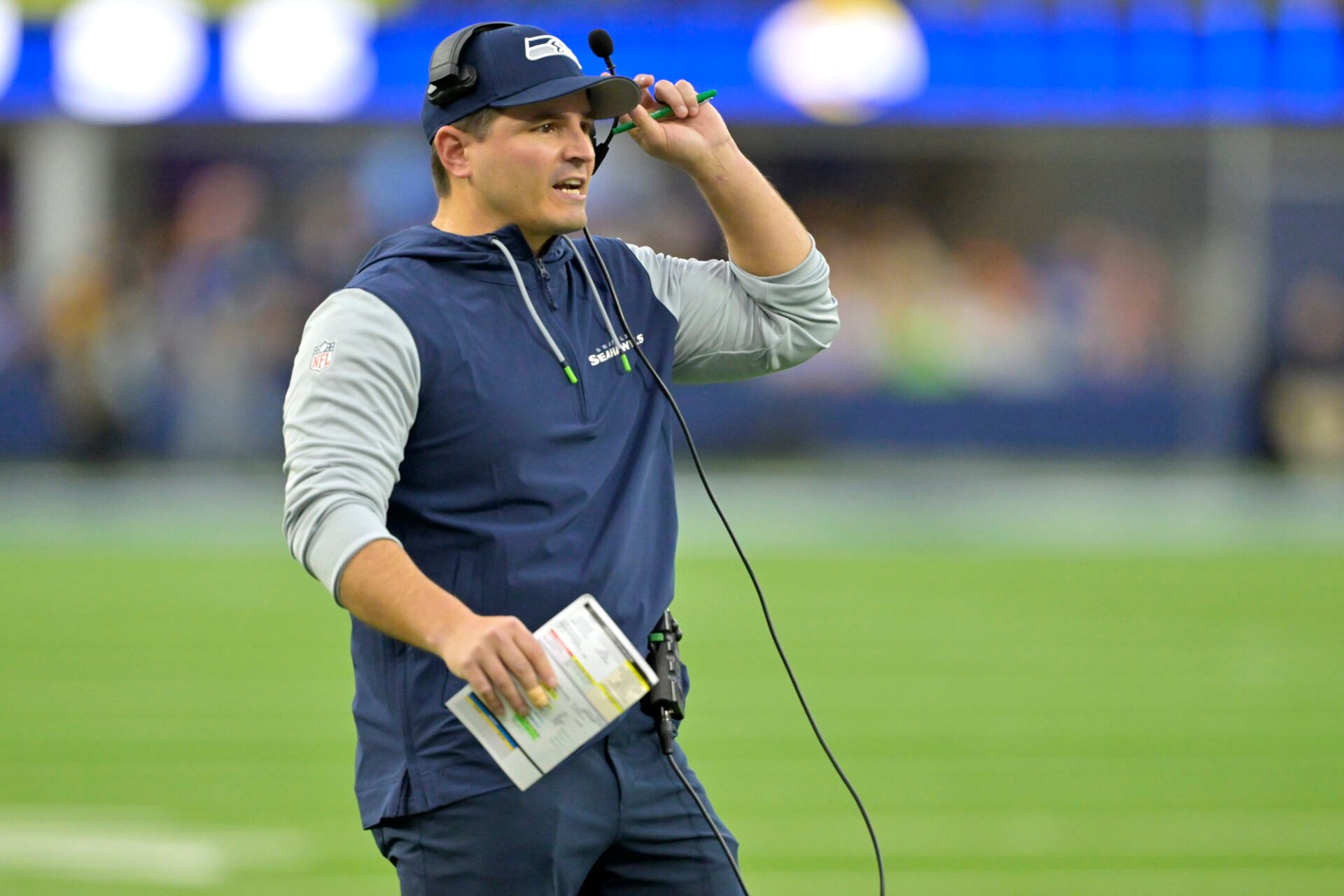 Jan 5, 2025; Inglewood, California, USA; Los Angeles Rams head coach Mike Macdonald on the sidelines in the fourth quarter of the game against the Los Angeles Rams at SoFi Stadium. Mandatory Credit: Jayne Kamin-Oncea-Imagn Images