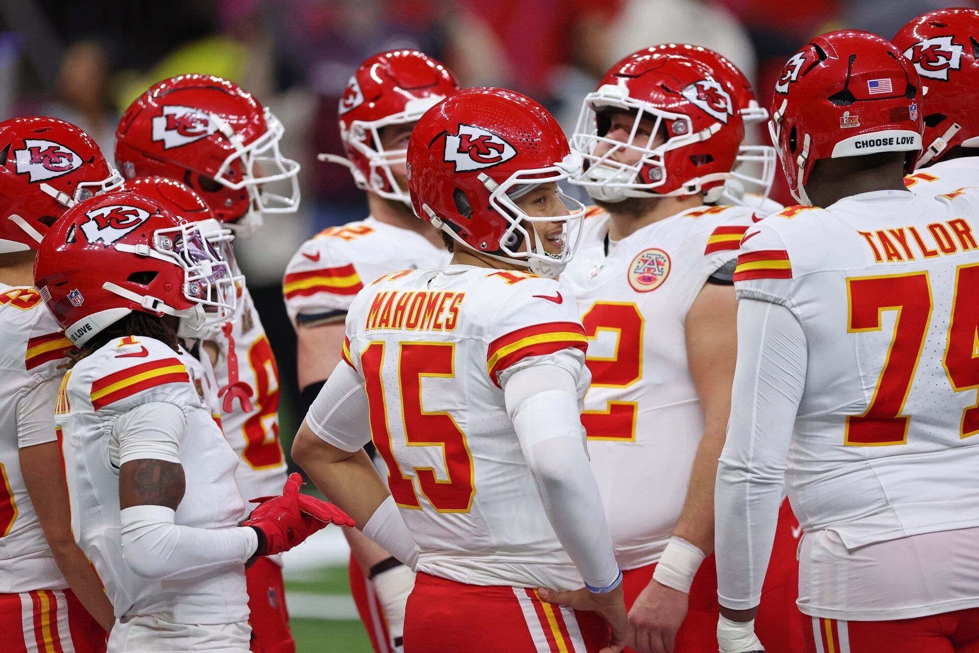 Kansas City Chiefs quarterback Patrick Mahomes (15) looks on against the Philadelphia Eagles during the first half of Super Bowl LIX at Caesars Superdome.