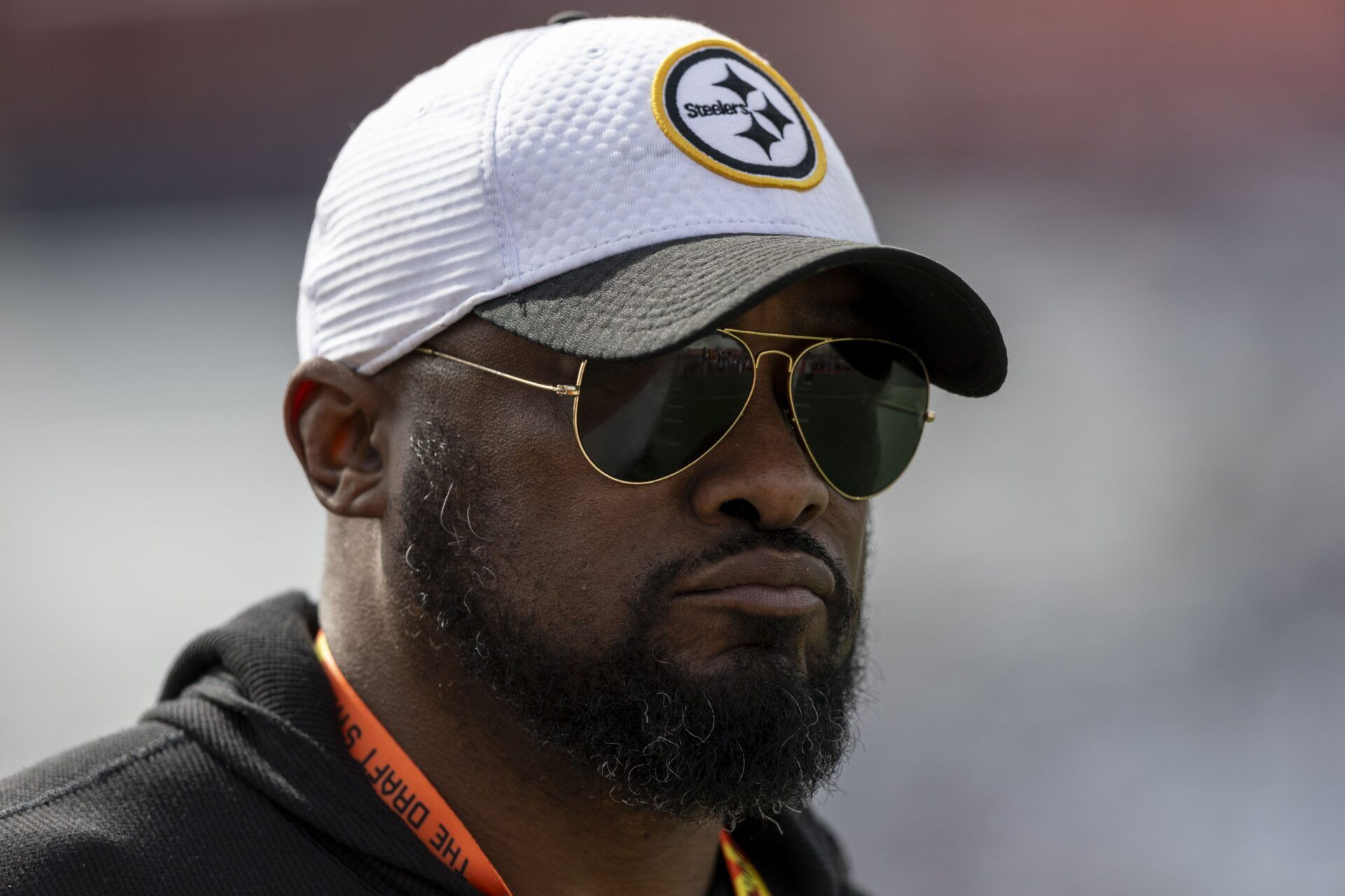 Pittsburgh Steelers head coach Mike Tomlin visits the field during Senior Bowl practice for the American team at Hancock Whitney Stadium.