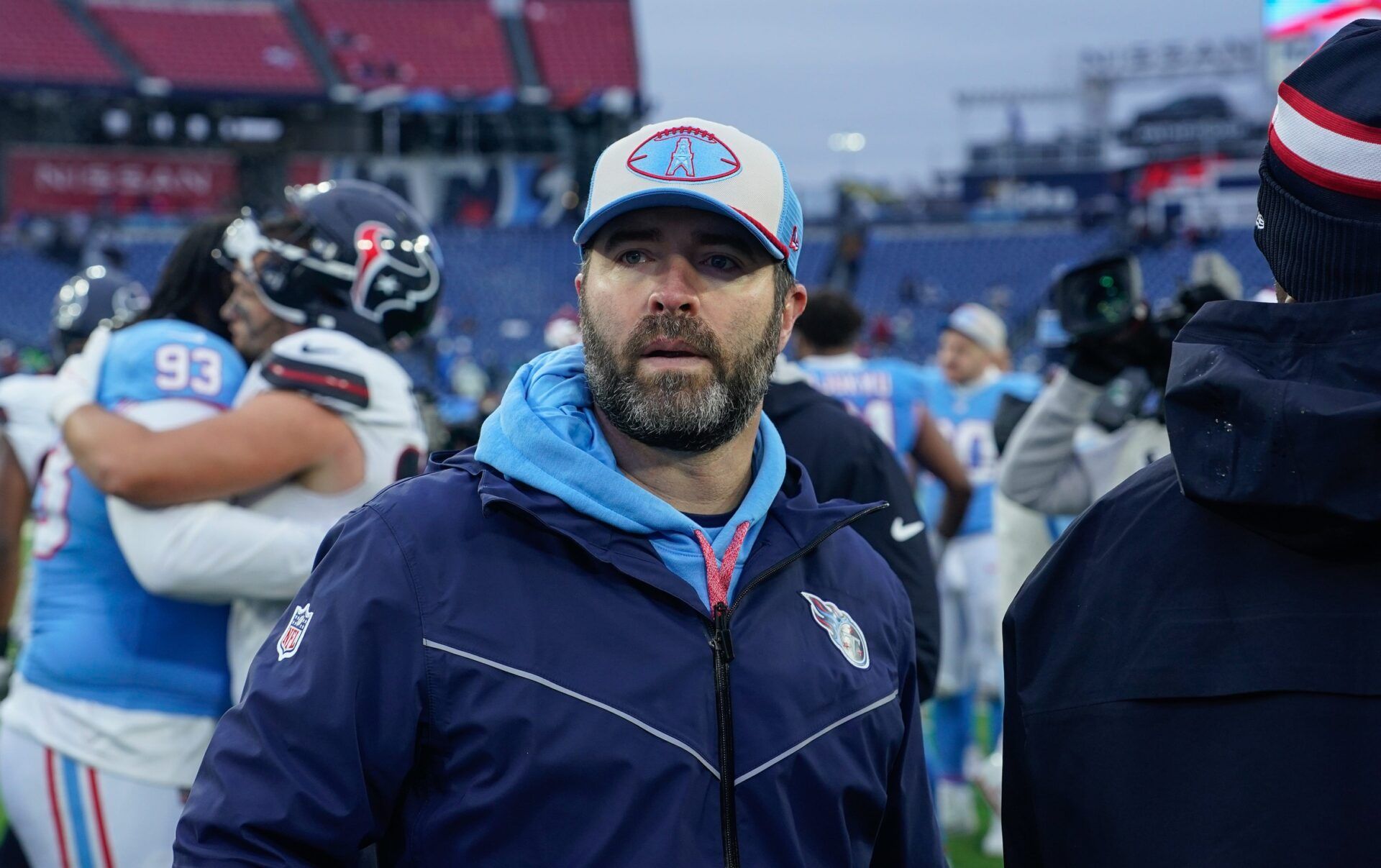 Tennessee Titans head coach Brian Callahan leaves the field after the game with the Houston Texans at Nissan Stadium in Nashville, Tenn., Sunday, Jan. 5, 2025.