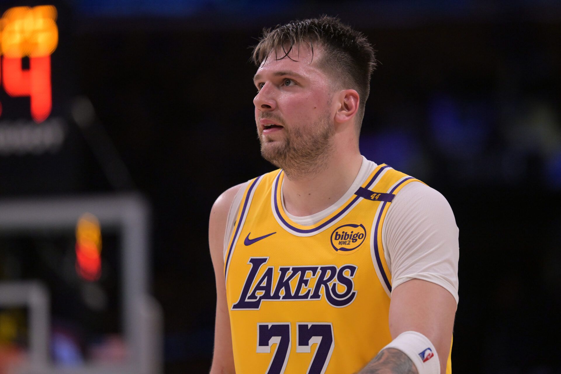 Feb 10, 2025; Los Angeles, California, USA; Los Angeles Lakers guard Luka Doncic (77) looks on from the court against the Utah Jazz at Crypto.com Arena. Mandatory Credit: Jayne Kamin-Oncea-Imagn Images