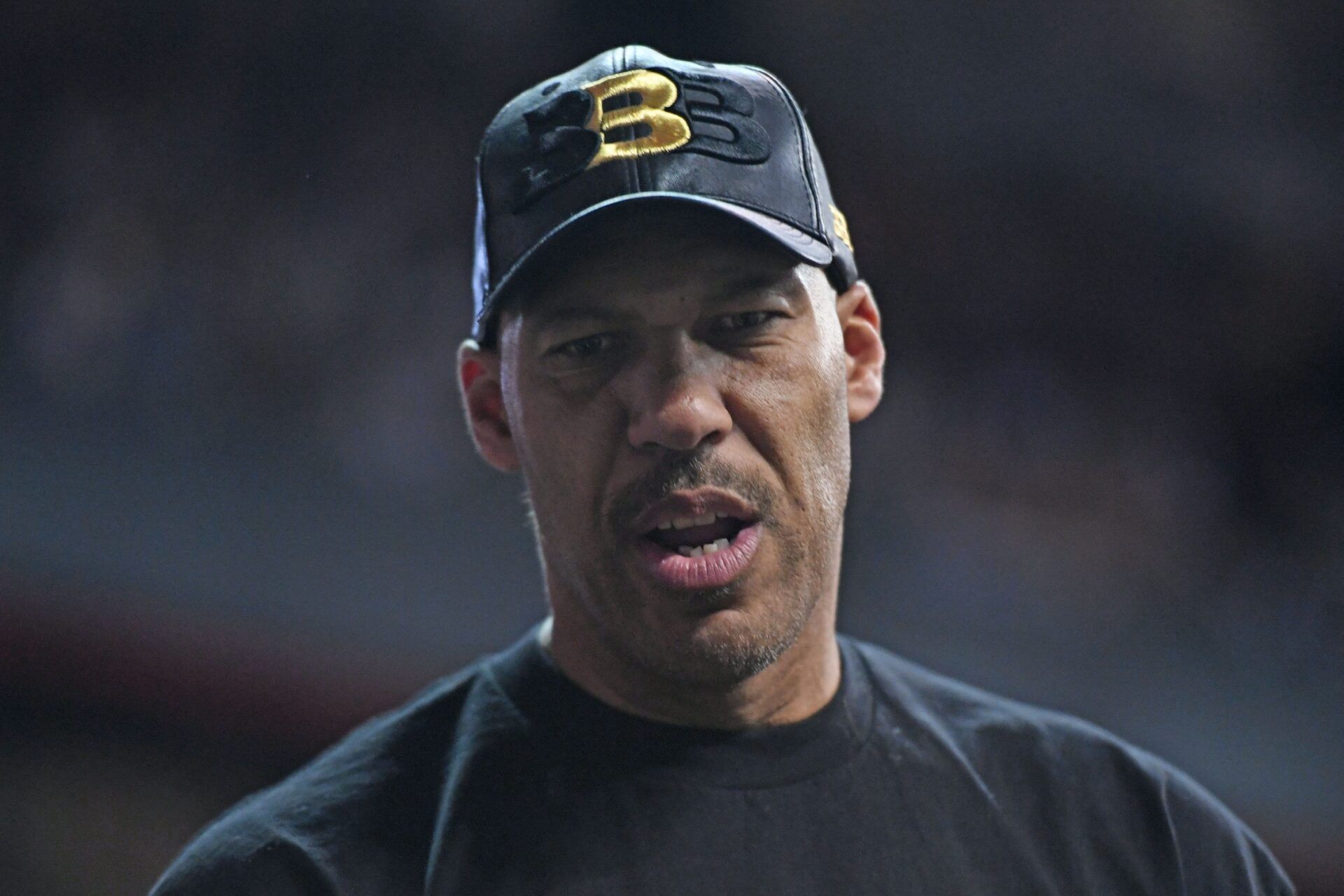 LaVar ball looks on prior to the game between the Boston Celtics and Los Angeles Lakers at Thomas & Mack Arena.