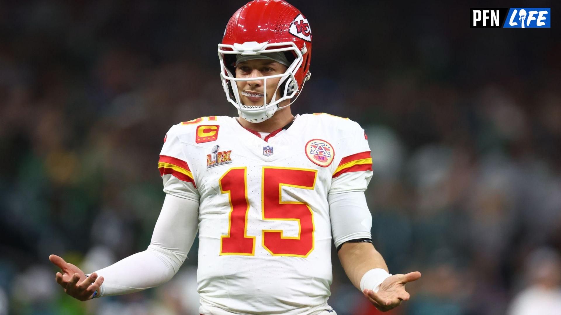 Kansas City Chiefs quarterback Patrick Mahomes (15) reacts in the fourth quarter against the Philadelphia Eagles in Super Bowl LIX at Ceasars Superdome.