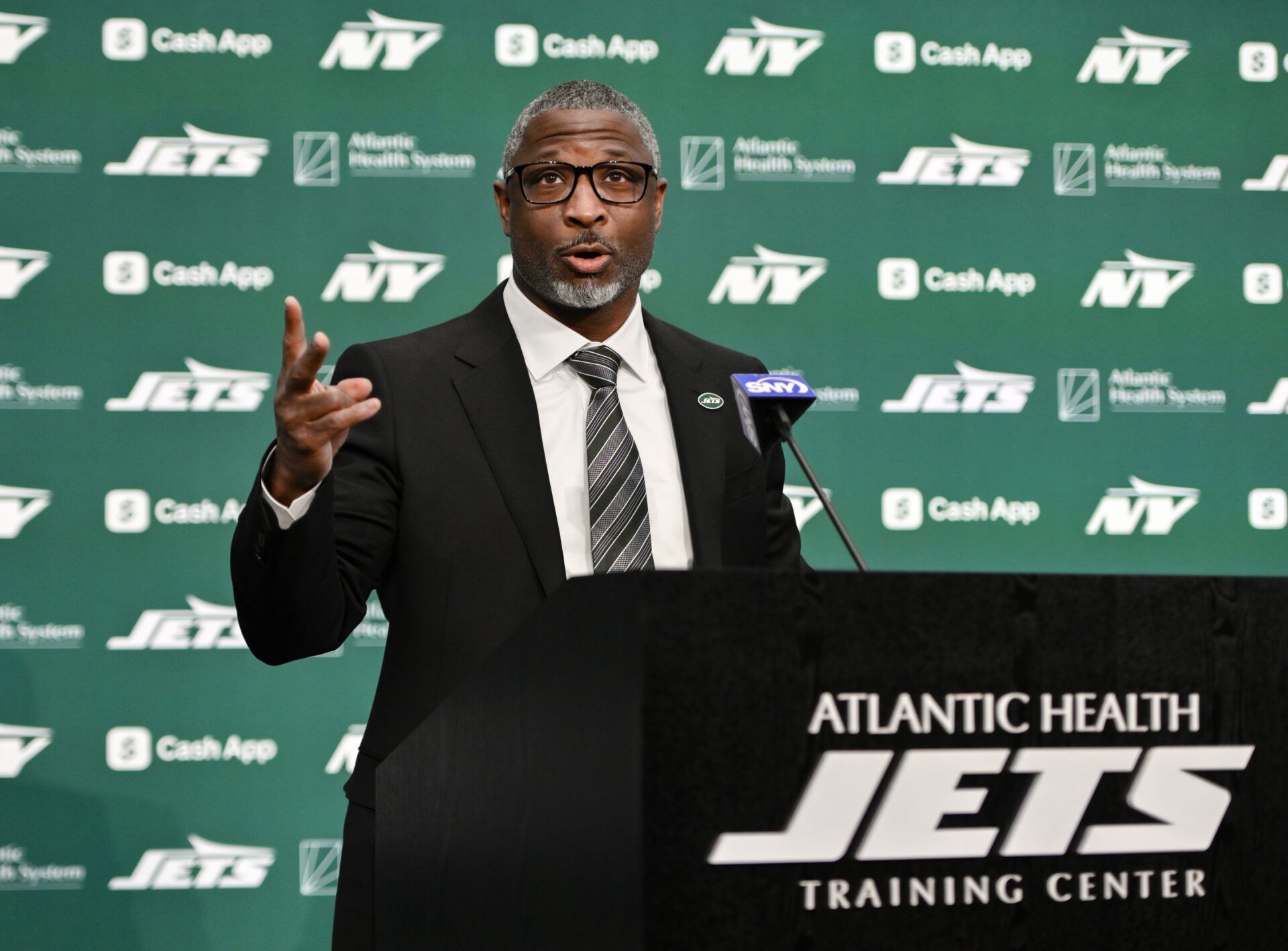 New York Jets head coach Aaron Glenn speaks during his introductory press conference at Atlantic Health Jets Training Center.