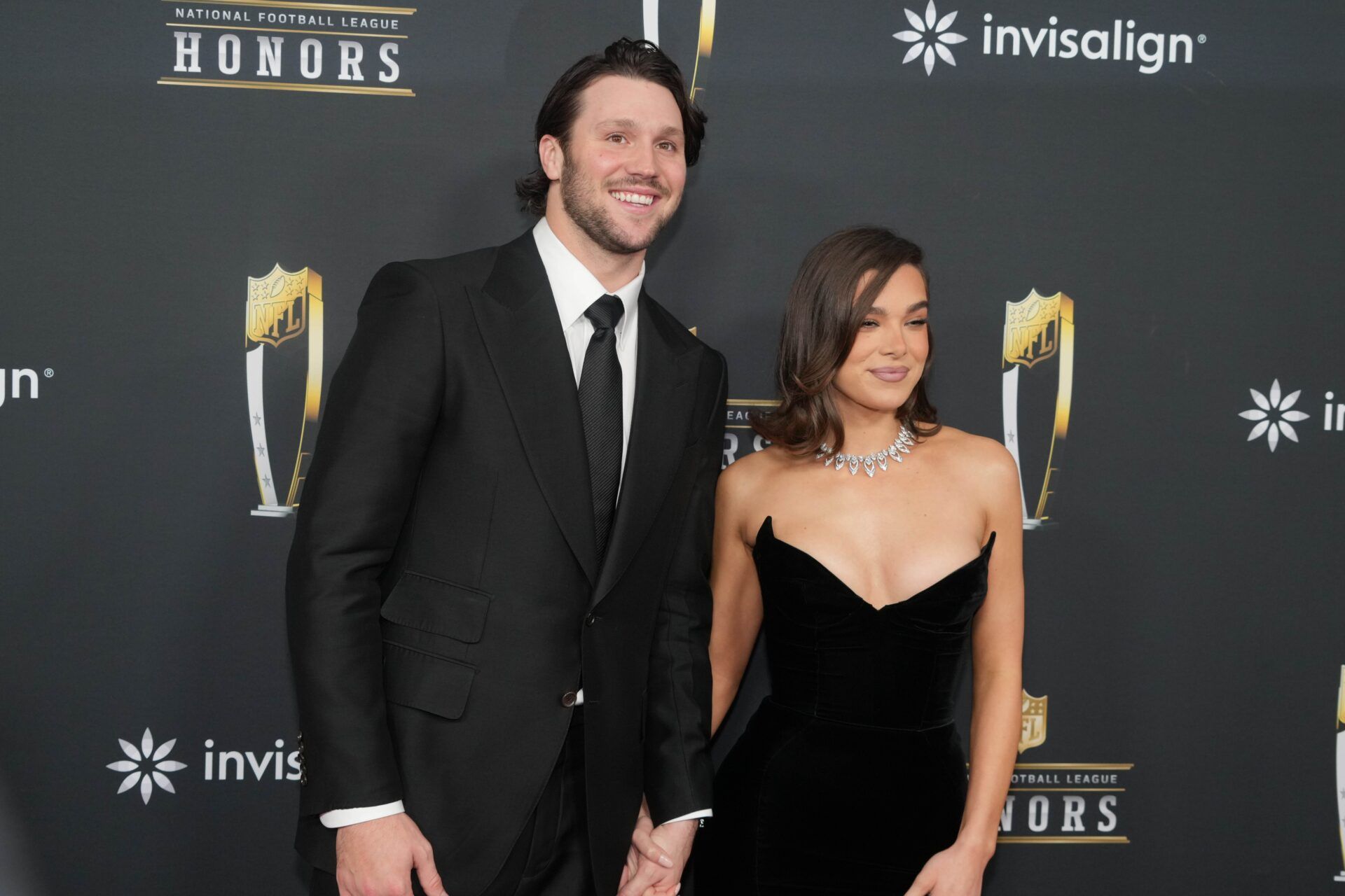 Josh Allen and Hailee Steinfeld on the red carpet before Super Bowl LIX NFL Honors at Saenger Theatre.