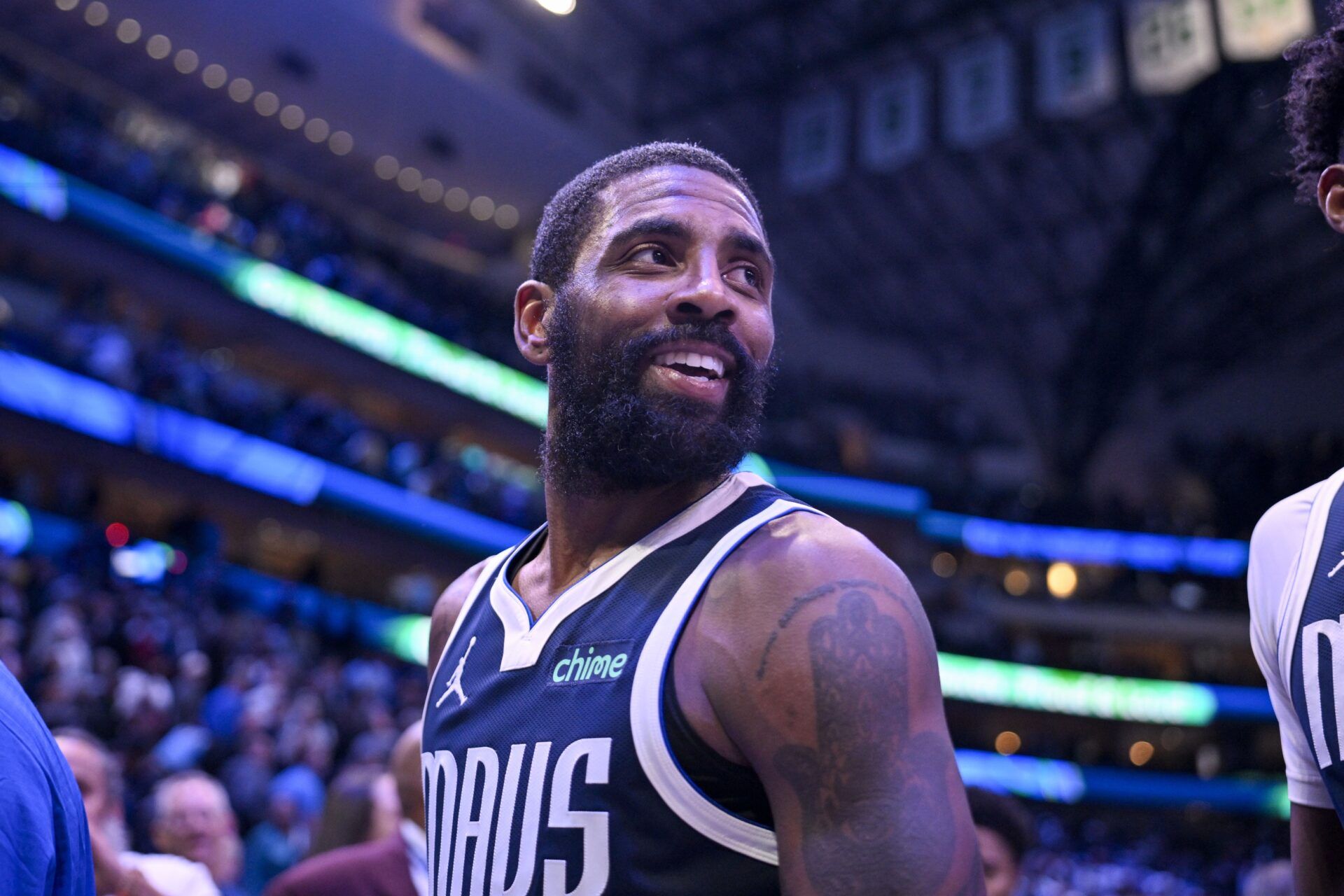 Dallas Mavericks guard Kyrie Irving (11) after the game between the Dallas Mavericks and the Golden State Warriors at the American Airlines Center.