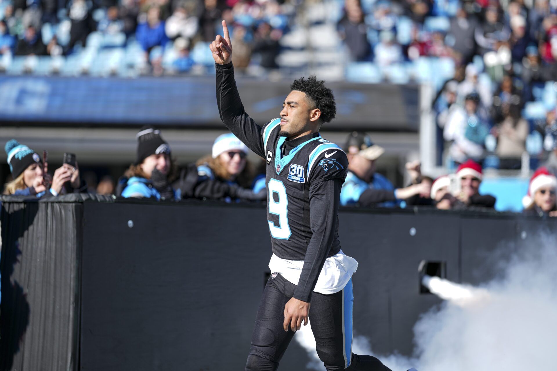 Carolina Panthers quarterback Bryce Young (9) takes the field against the the Arizona Cardinals during the first quarter at Bank of America Stadium.