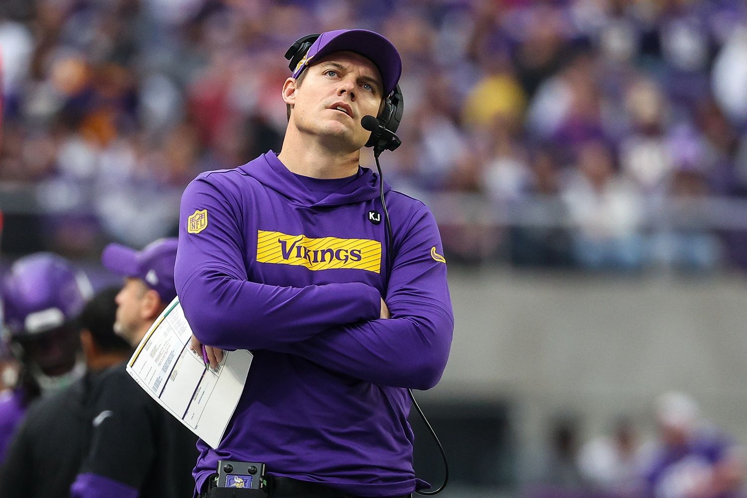 Minnesota Vikings head coach Kevin O'Connell looks on during the second quarter against the Atlanta Falcons at U.S. Bank Stadium.