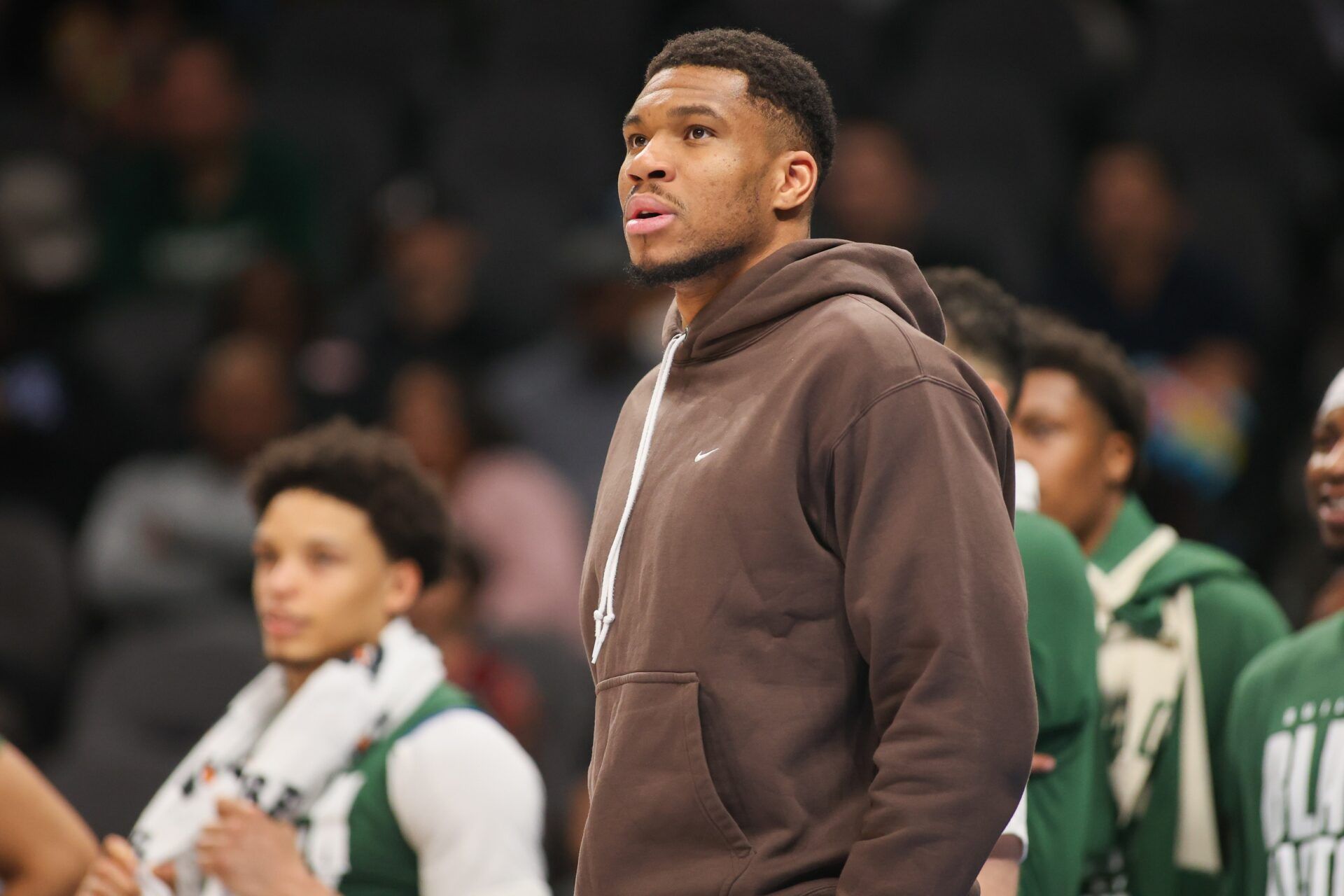 Milwaukee Bucks forward Giannis Antetokounmpo (34) on the sideline against the Atlanta Hawks in the fourth quarter at State Farm Arena.