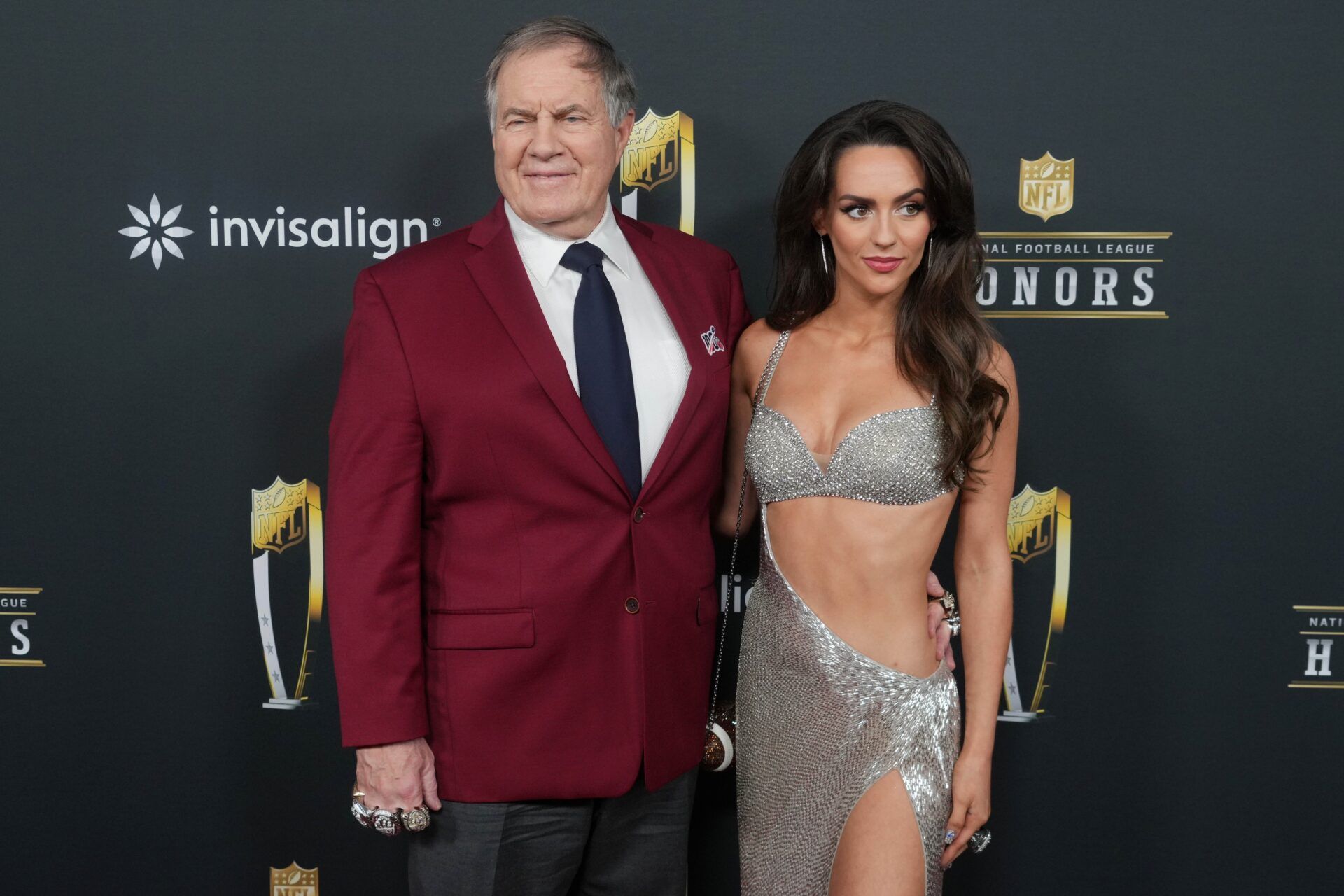 Orleans, LA, USA; Bill Belichick and Jordon Hudson on the red carpet before Super Bowl LIX NFL Honors at Saenger Theatre.