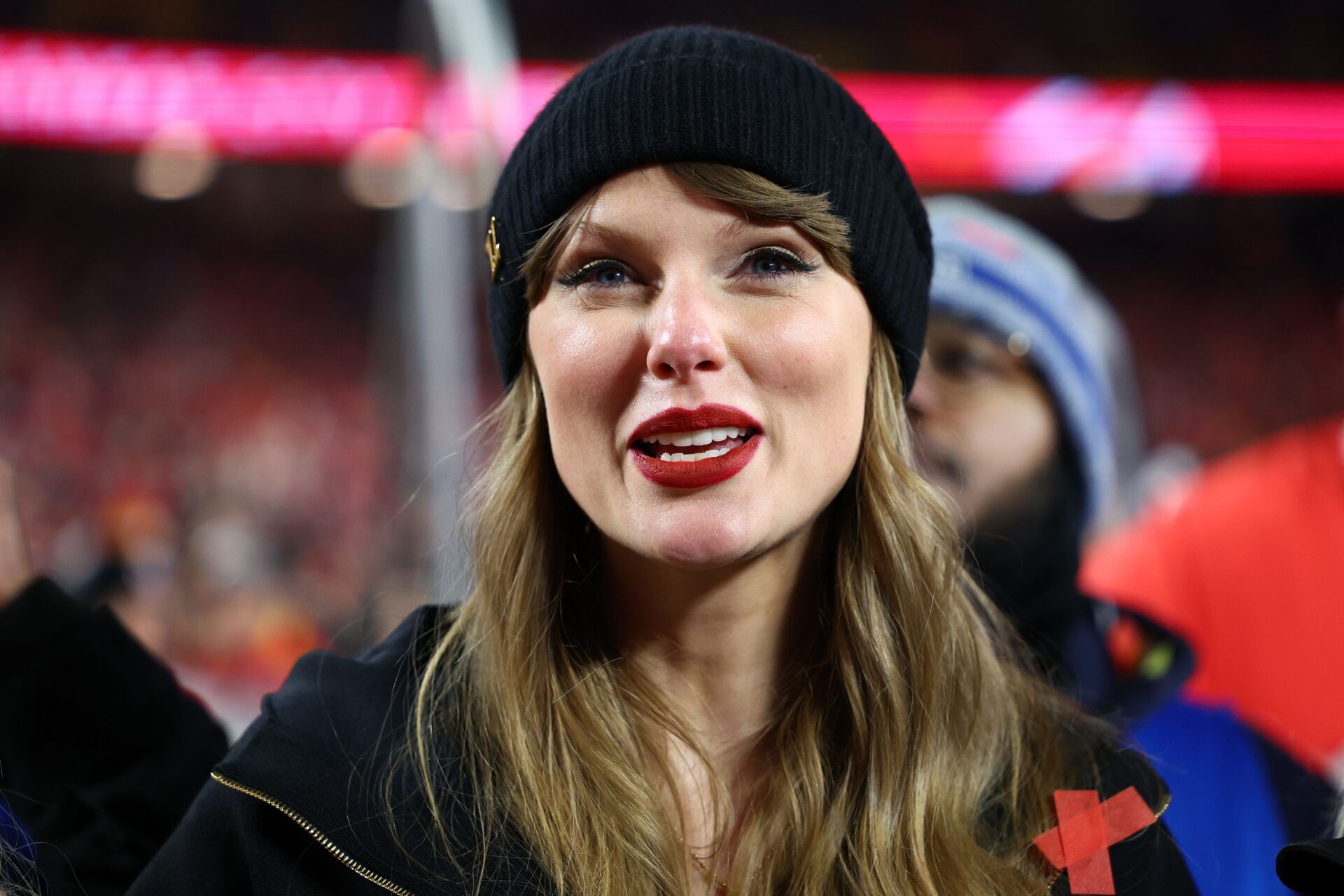 Recording artist Taylor Swift reacts after the AFC Championship game against the Buffalo Bills at GEHA Field at Arrowhead Stadium.