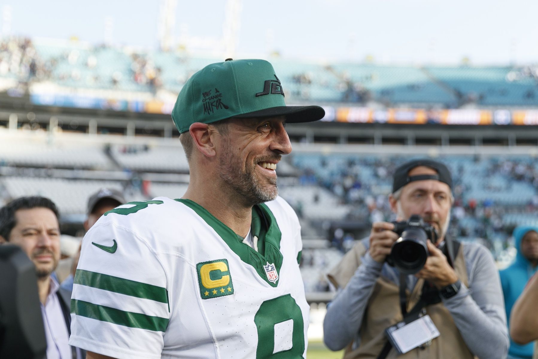 New York Jets quarterback Aaron Rodgers (8) after the game against the Jacksonville Jaguars at EverBank Stadium.