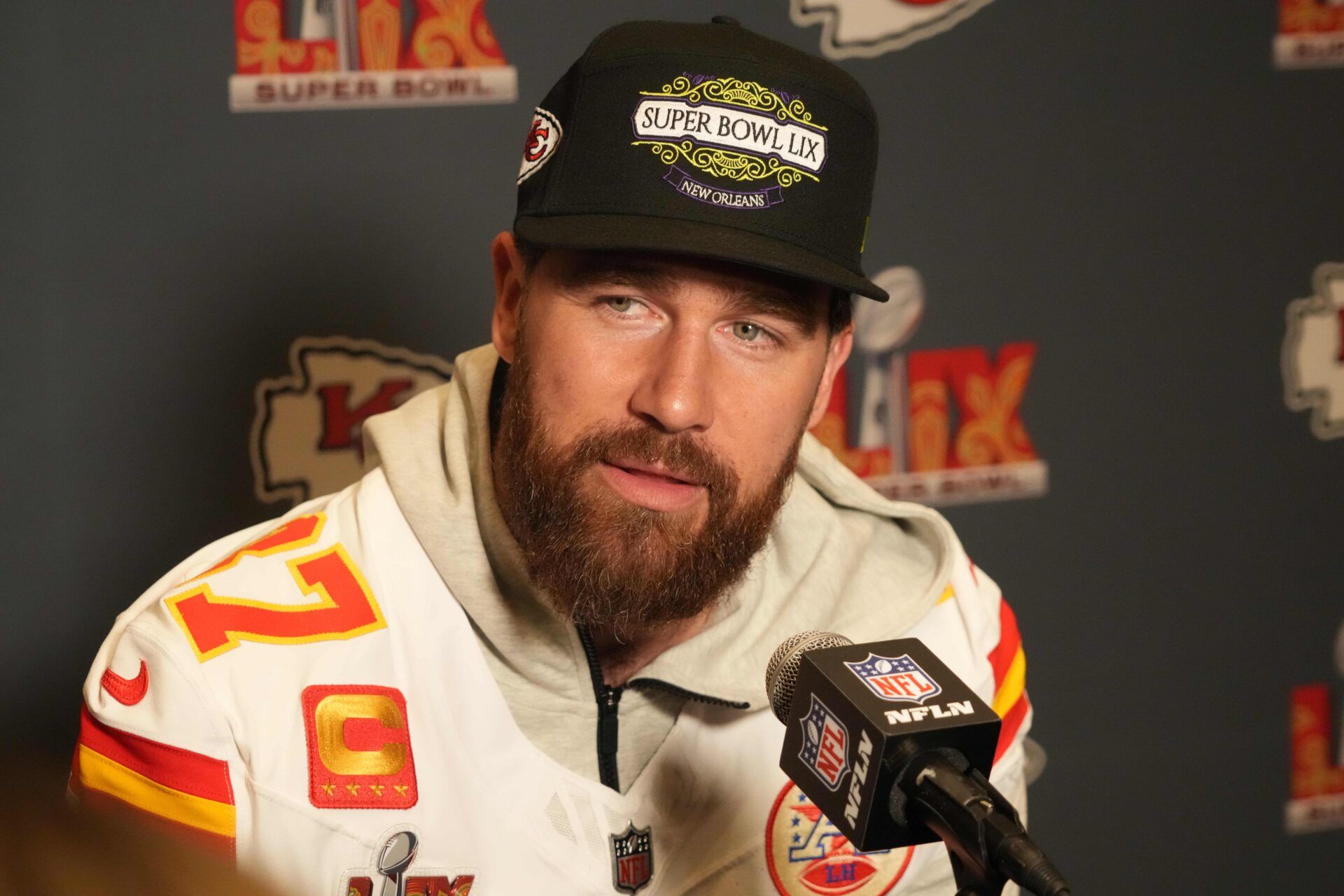 Kansas City Chiefs tight end Travis Kelce (87) in a press conference ahead of Super Bowl LIX at New Orleans Marriott.