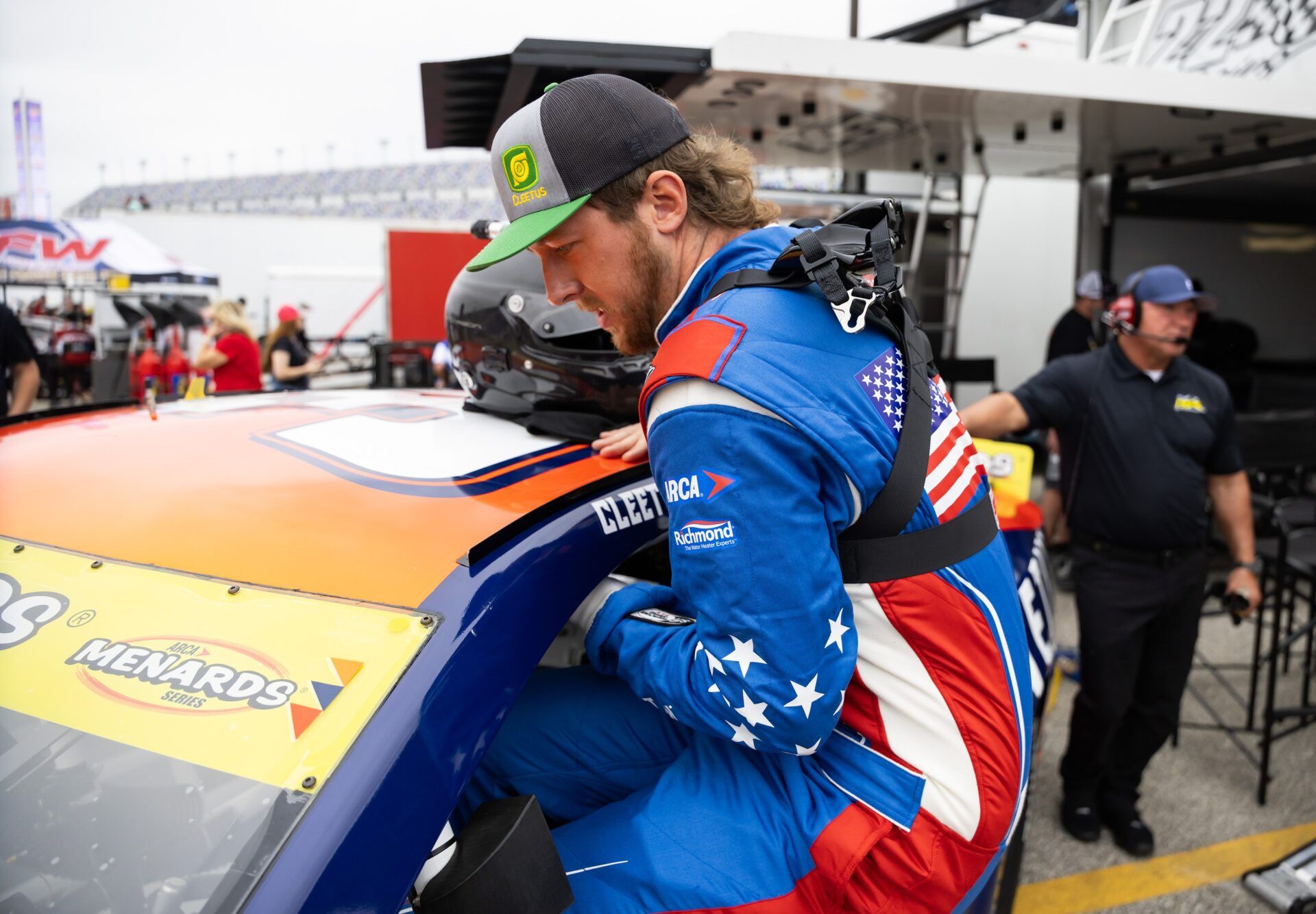 ARCA Series driver Garrett Mitchell aka Cleetus McFarland during practice for the Ride the 'Dente 200 at Daytona International Speedway.