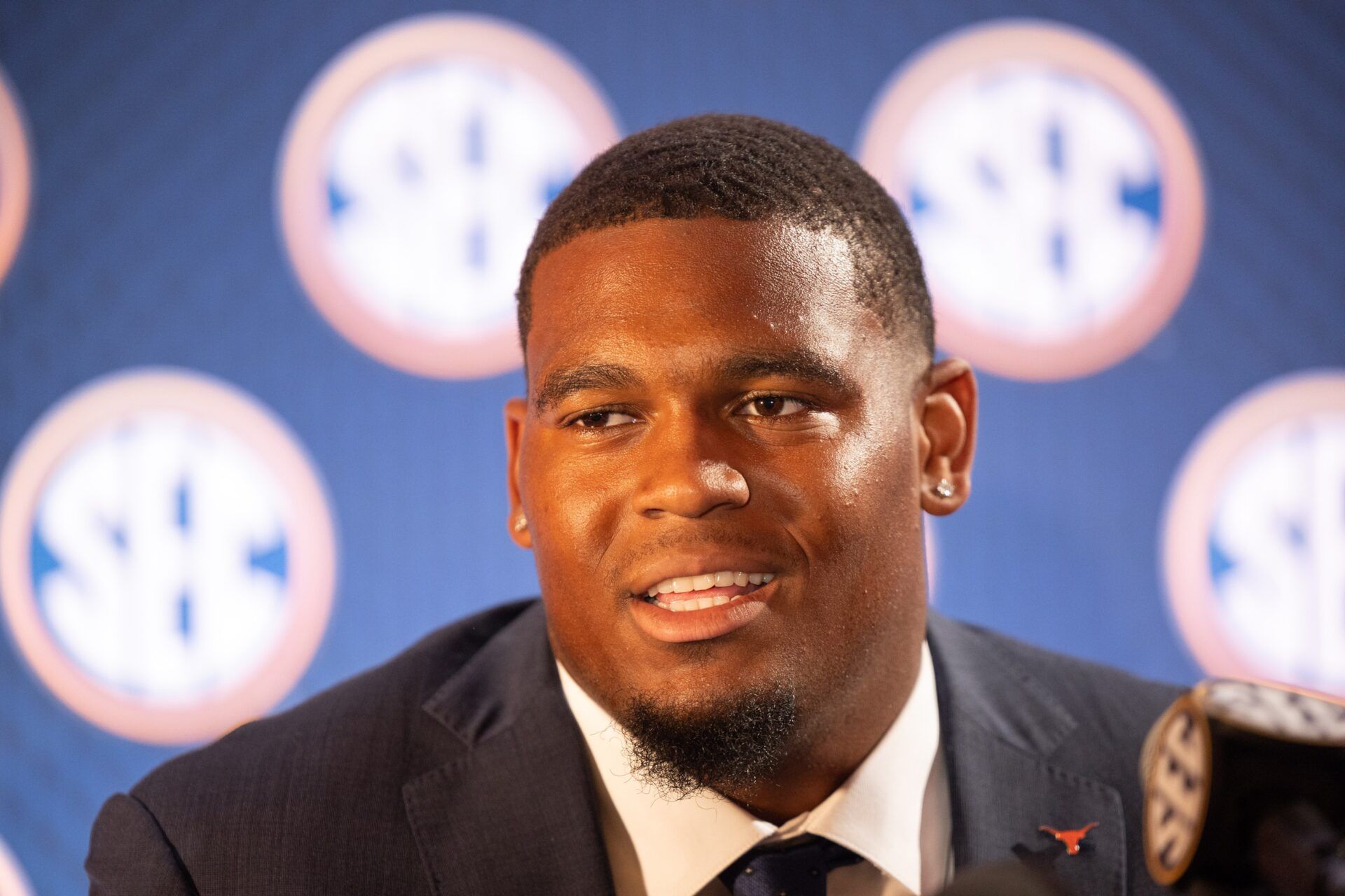 Texas offensive lineman Kelvin Banks Jr. speaking at Omni Dallas Hotel.