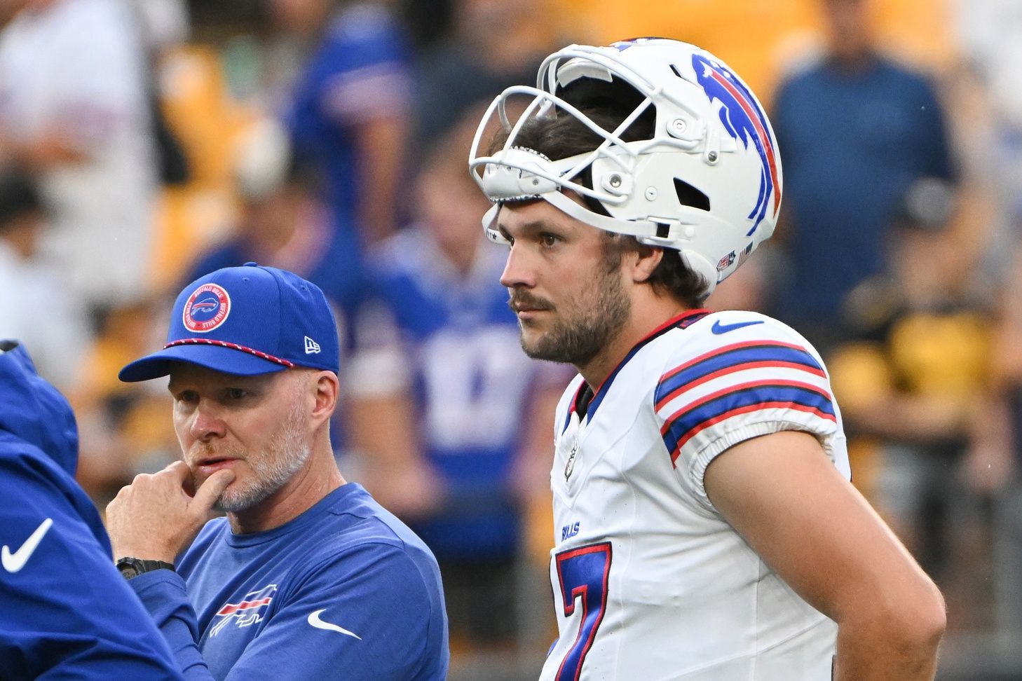 Buffalo Bills quarterback Josh Allen and head coach Sean McDermott warmup against the Pittsburgh Steelers at Acrisure Stadium.