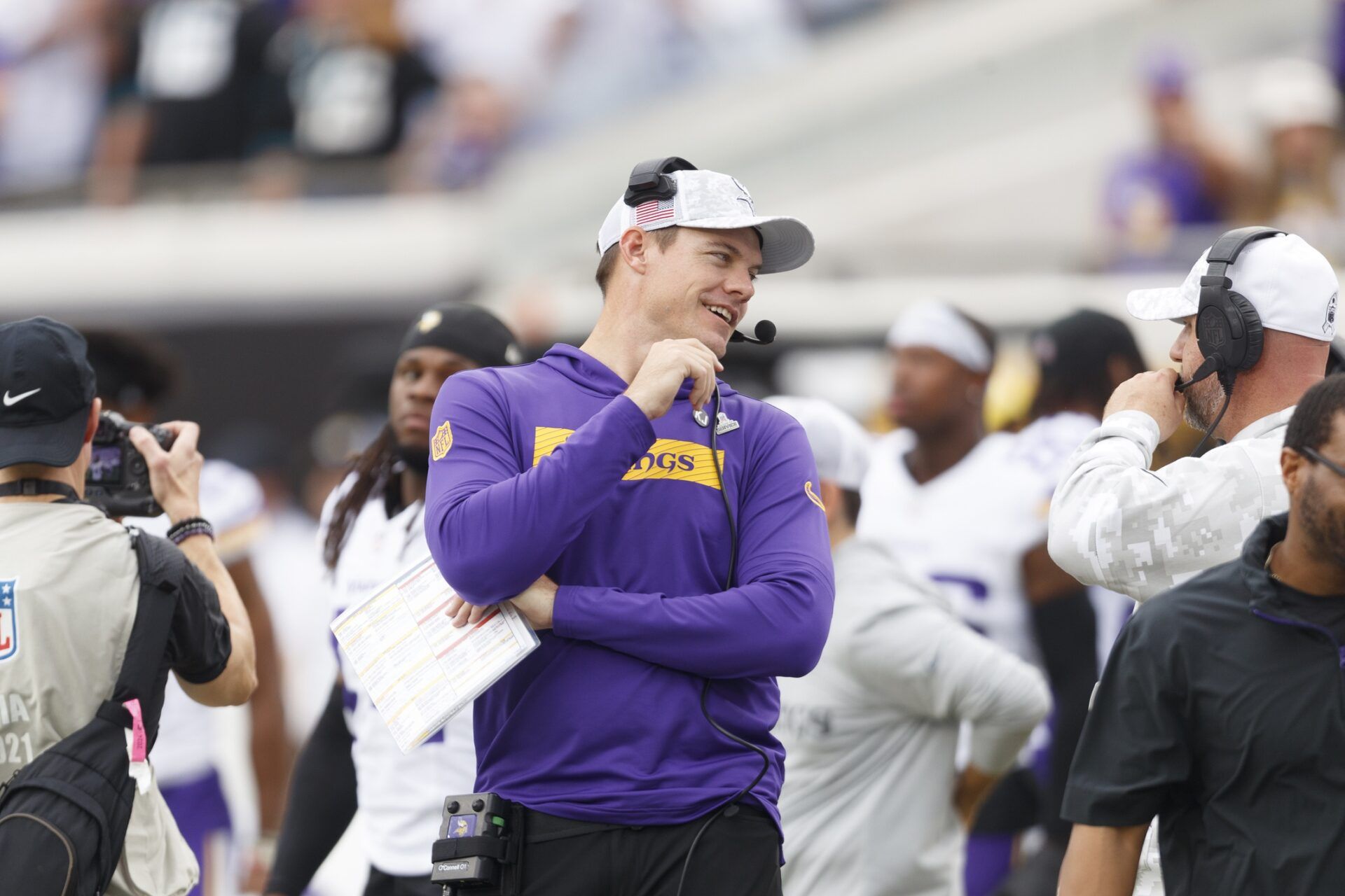 Minnesota Vikings head coach Kevin O'Connell before the game against the Jacksonville Jaguars at EverBank Stadium.