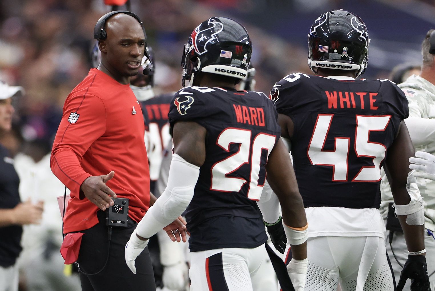 Houston Texans head coach DeMeco Ryans celebrates Houston Texans safety Jimmie Ward (20) (not pictured) defensive play against the Tennessee Titans in the fourth quarter at NRG Stadium.