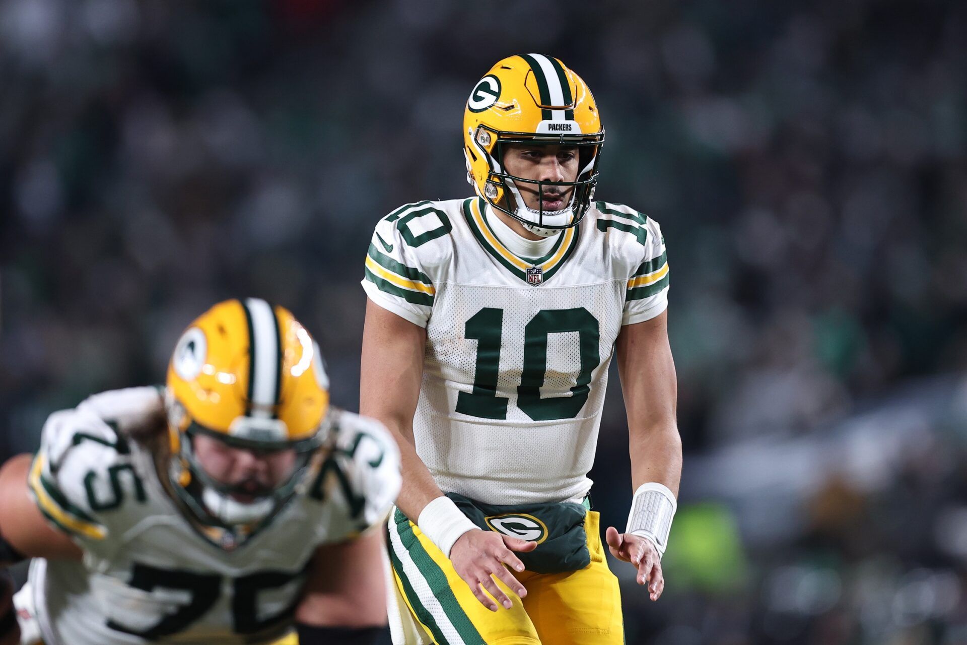 Green Bay Packers quarterback Jordan Love (10) plays against the Philadelphia Eagles in an NFC wild card game at Lincoln Financial Field.