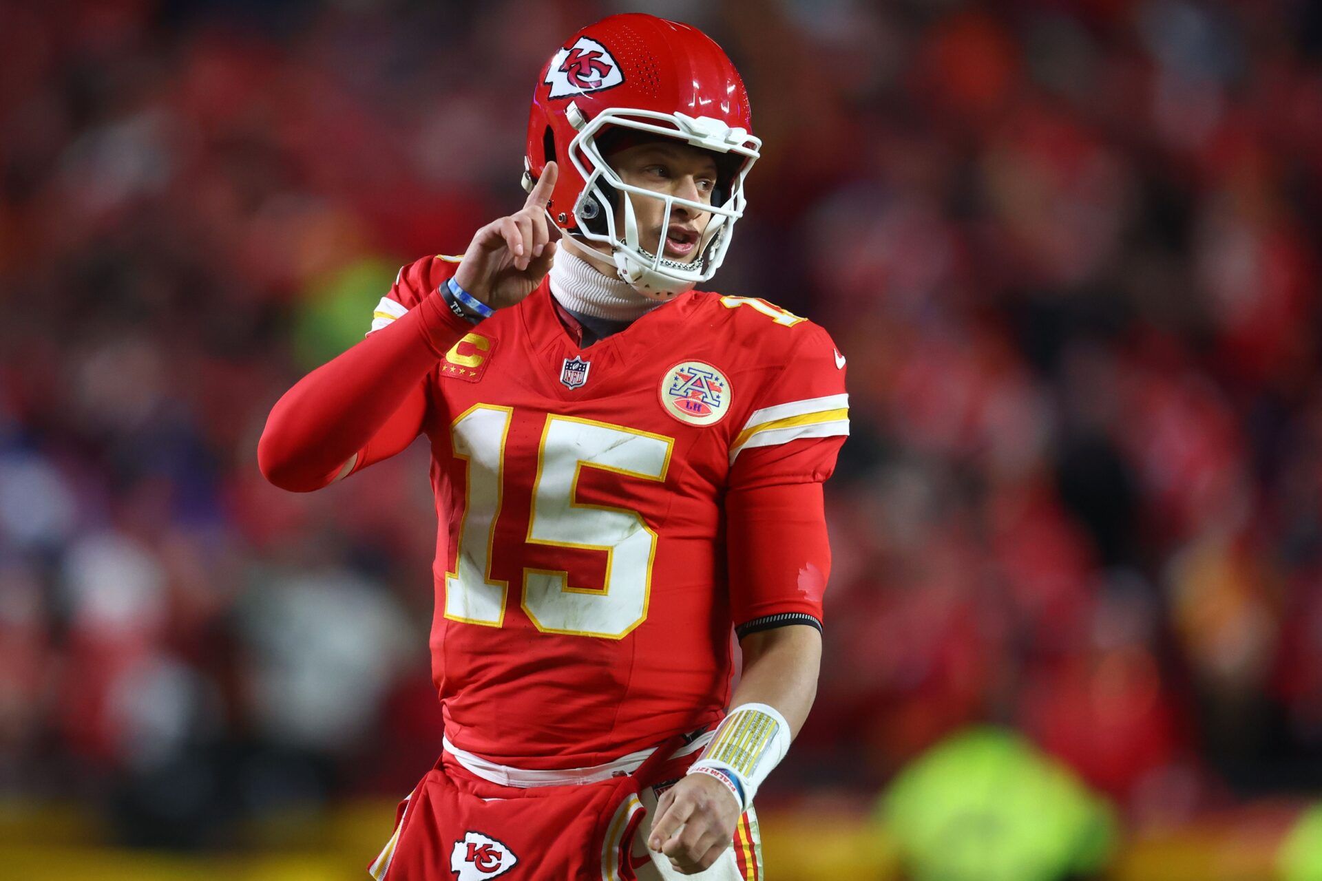 Kansas City Chiefs quarterback Patrick Mahomes (15) reacts against the Buffalo Bills in the AFC Championship game at GEHA Field at Arrowhead Stadium.