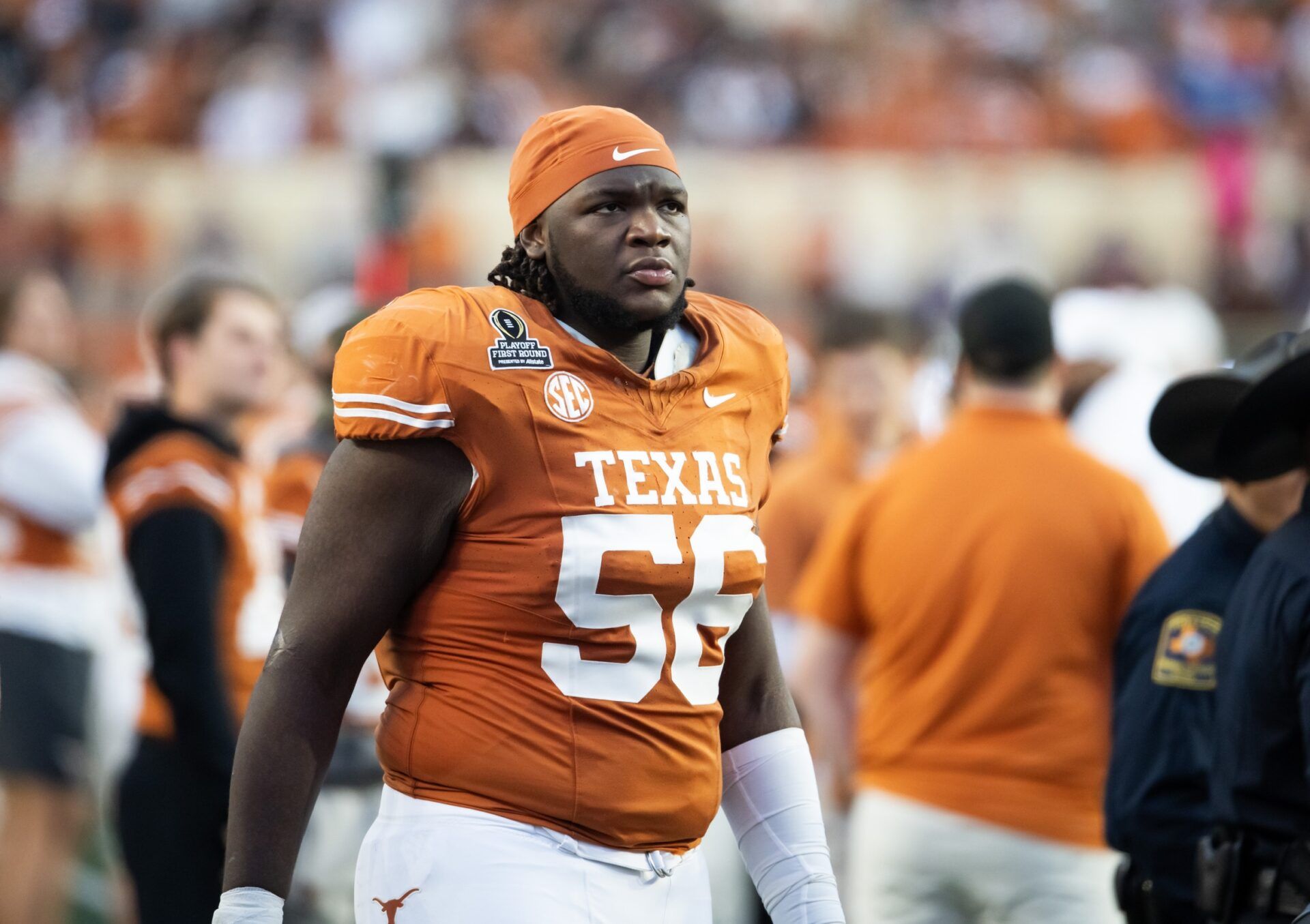 Texas Longhorns offensive lineman Cameron Williams (56) against the Clemson Tigers during the CFP National playoff first round at Darrell K Royal-Texas Memorial Stadium.