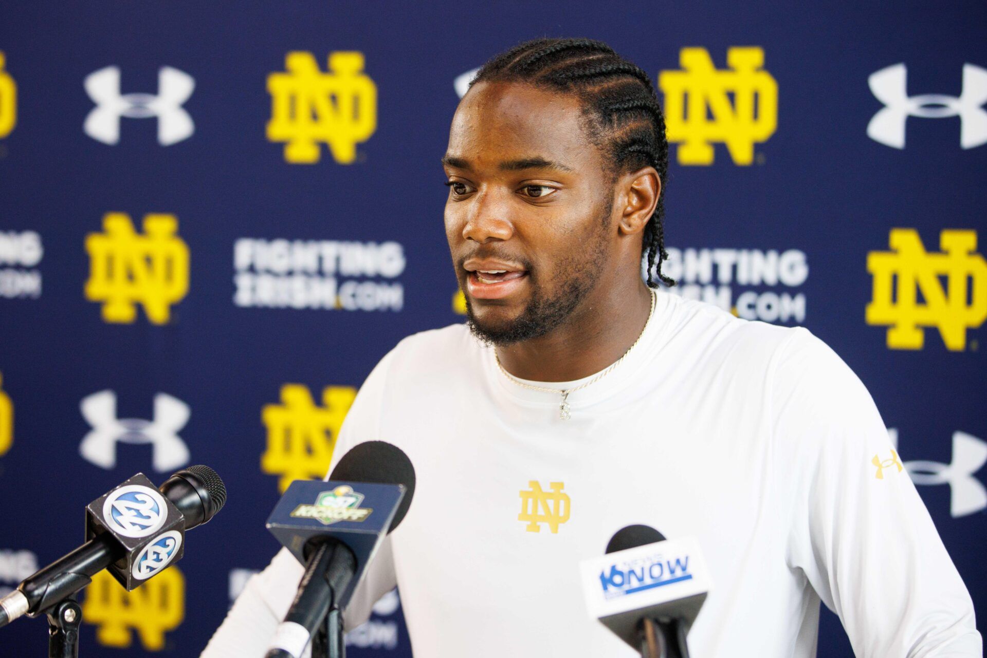 Notre Dame corner back Benjamin Morrison addresses media after a Notre Dame football practice at Irish Athletic Center on Thursday, Aug. 15, 2024, in South Bend.