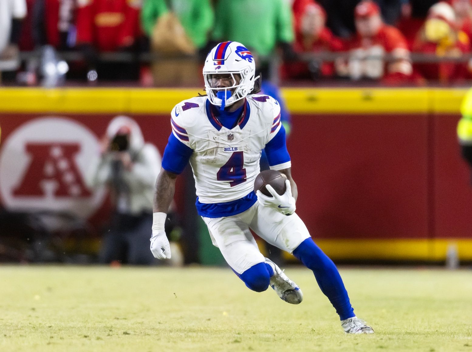 Buffalo Bills running back James Cook (4) against the Kansas City Chiefs during the AFC Championship game at GEHA Field at Arrowhead Stadium.