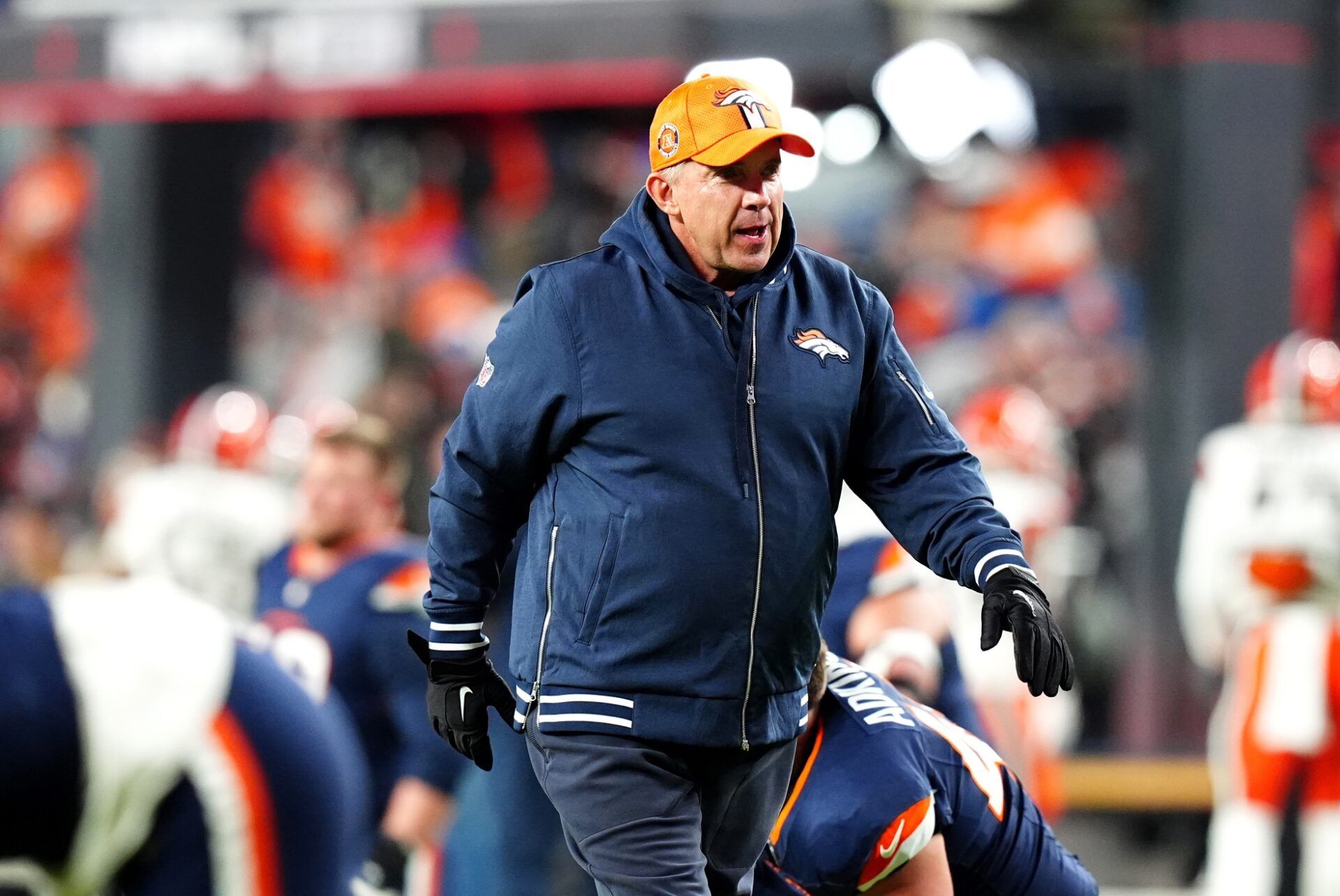 Denver Broncos head coach Sean Payton before the game against the Cleveland Browns at Empower Field at Mile High.