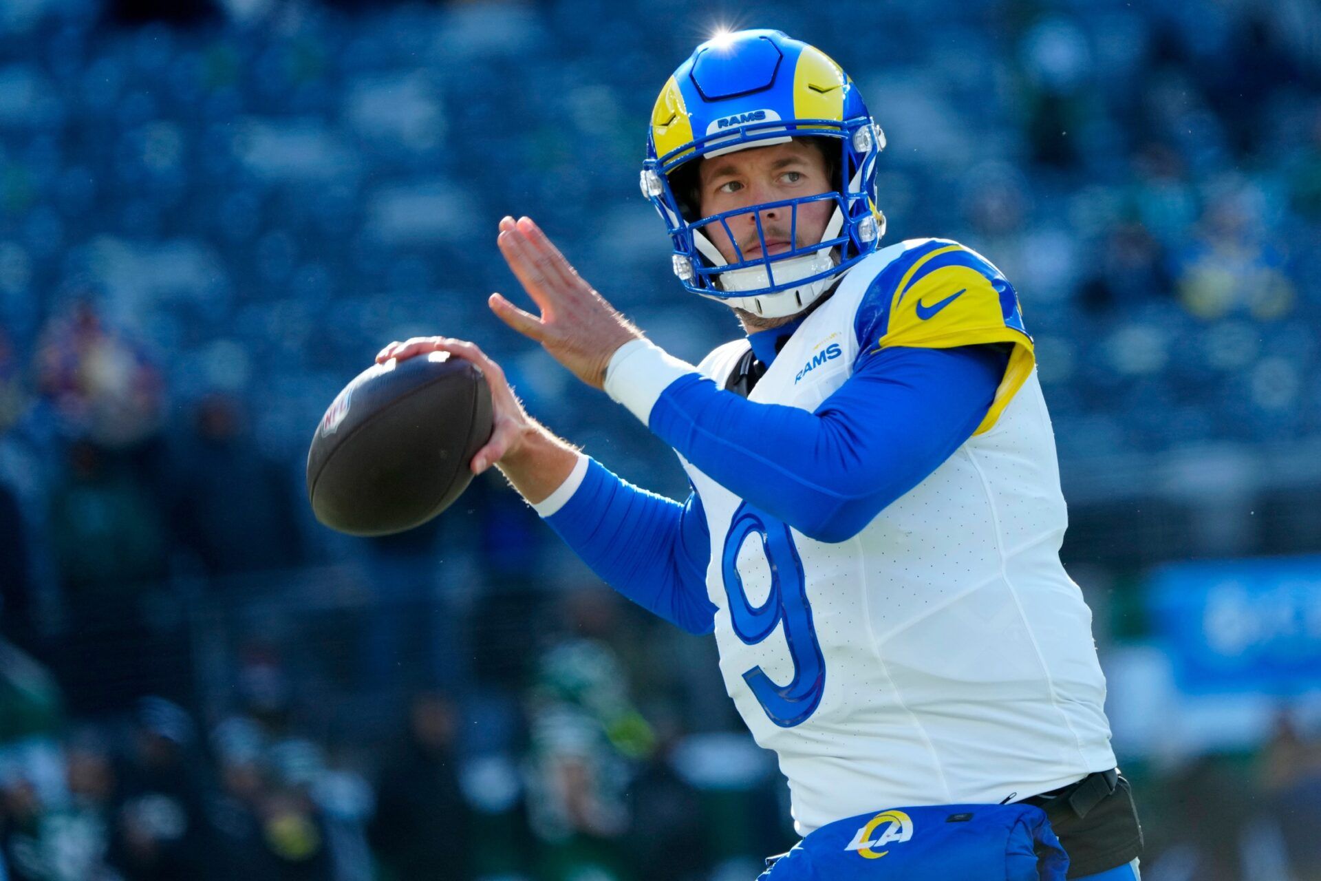 Los Angeles Rams quarterback Matthew Stafford (9) prepares for the game, Sunday, December 22, 2024, at East Rutherford.