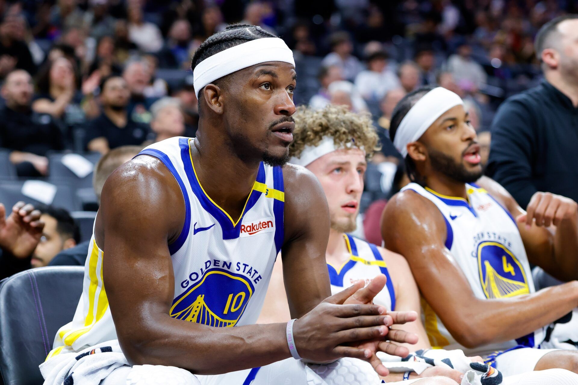 Golden State Warriors forward Jimmy Butler III (10) claps from the bench during the fourth quarter against the Sacramento Kings at Golden 1 Center.