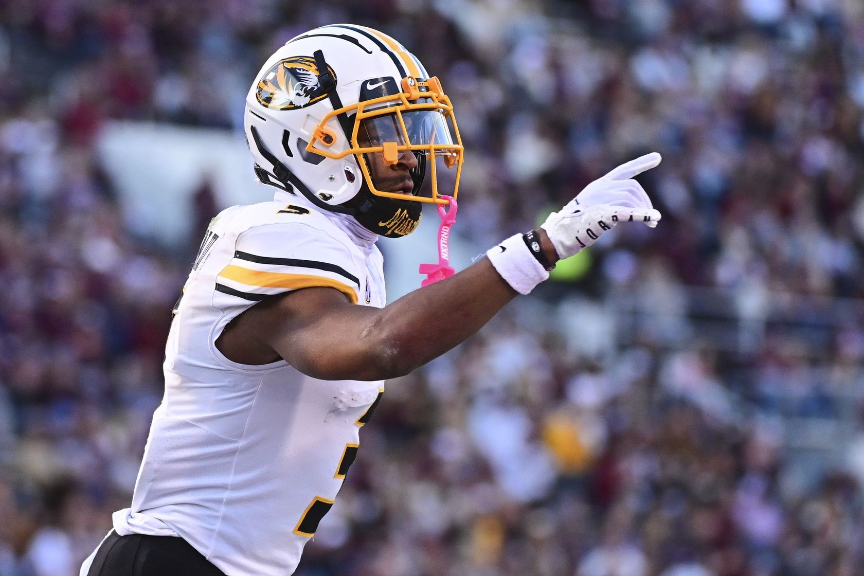 Missouri Tigers wide receiver Luther Burden III (3) reacts after a touchdown against the Mississippi State Bulldogs during the second quarter at Davis Wade Stadium at Scott Field.