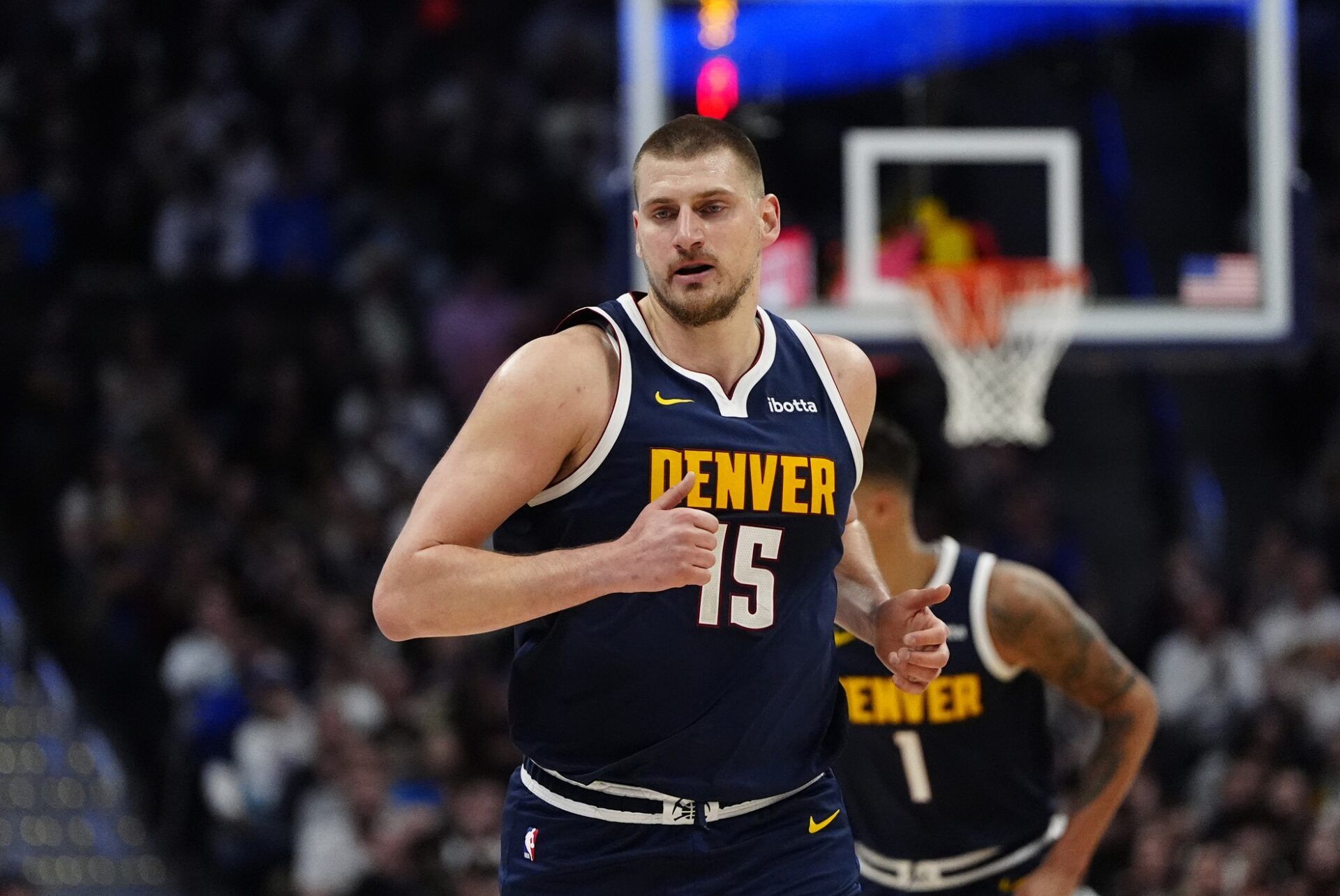 Denver Nuggets center Nikola Jokic (15) during the first quarter against the Charlotte Hornets at Ball Arena.