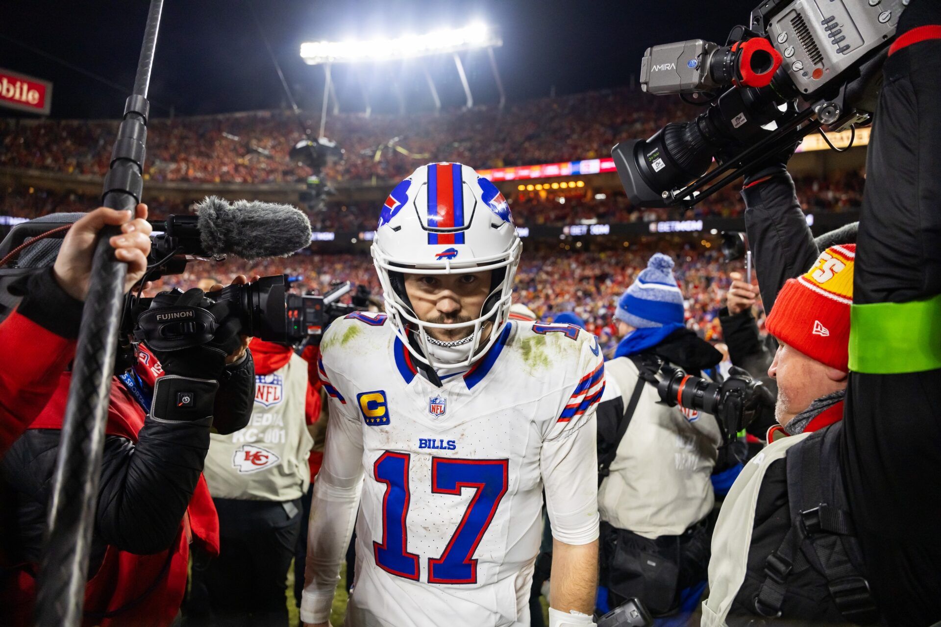 Buffalo Bills quarterback Josh Allen (17) reacts as he walks off the field after losing to the Kansas City Chiefs during the AFC Championship game at GEHA Field at Arrowhead Stadium.