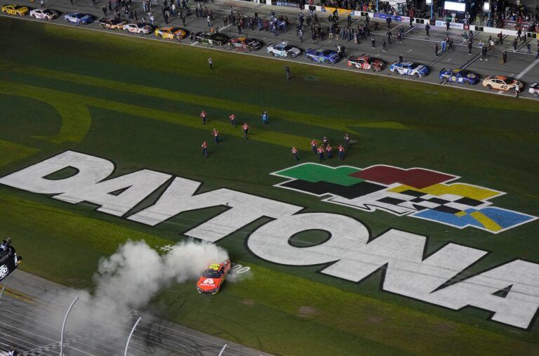 William Byron celebrates winning the Daytona 500 at Daytona International Speedway, Sunday, Feb. 16, 2025. NASCAR