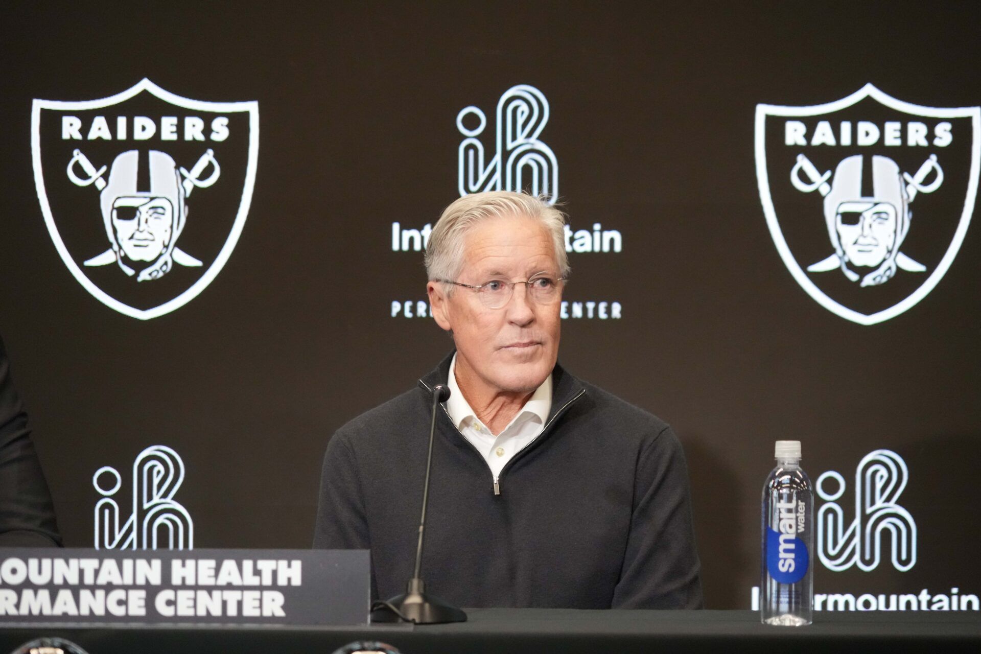 Las Vegas Raiders coach Pete Carroll at press conference at Intermountain Health Performance Center.