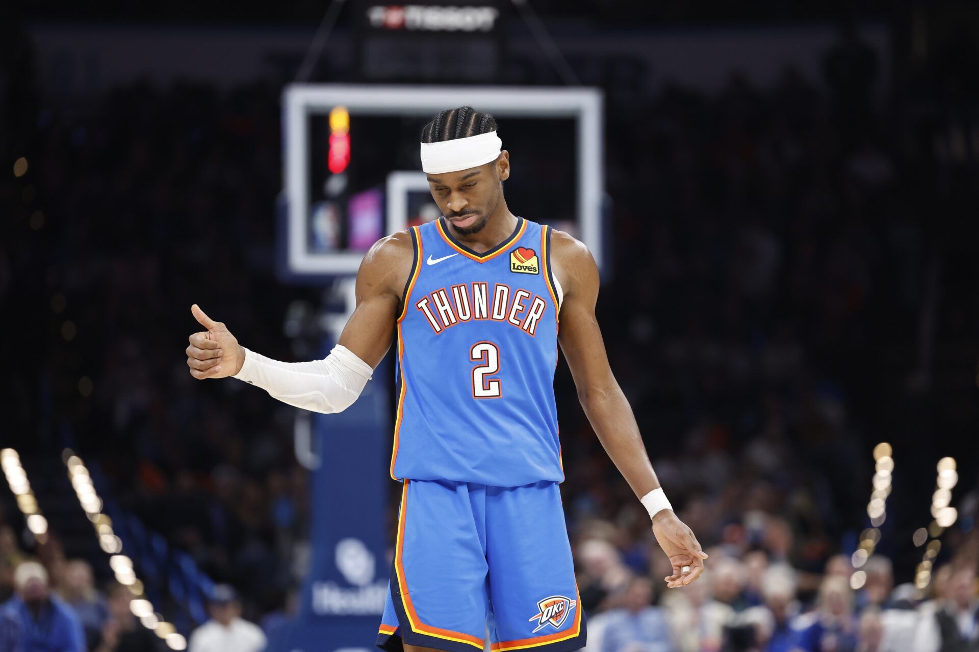 Oklahoma City Thunder guard Shai Gilgeous-Alexander (2) gestures towards an official during the second half against the Toronto Raptors at Paycom Center.