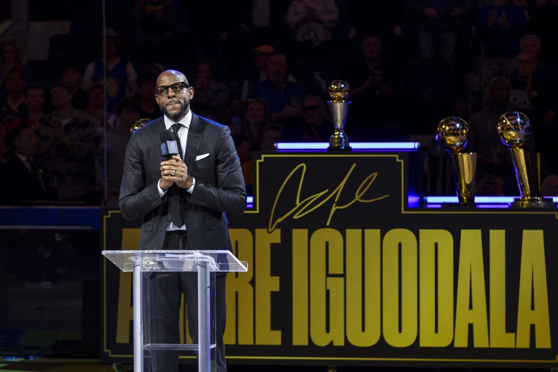 Former Golden State Warriors player Andre Iguodala talks during the Andre Iguodala jersey retirement ceremony at Chase Center.