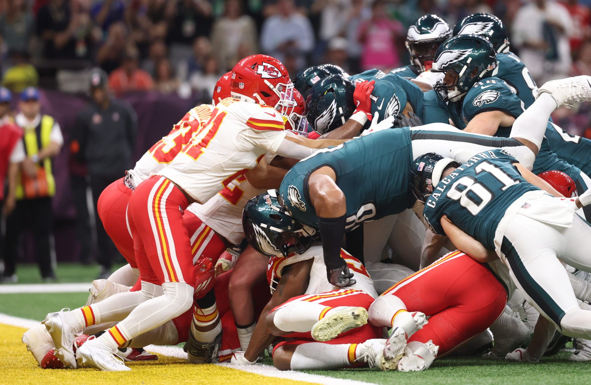 Feb 9, 2025; New Orleans, LA, USA; Philadelphia Eagles quarterback Jalen Hurts (1) scores a touchdown against the Kansas City Chiefs in the first quarter in Super Bowl LIX at Ceasars Superdome. Mandatory Credit: Mark J. Rebilas-Imagn Images